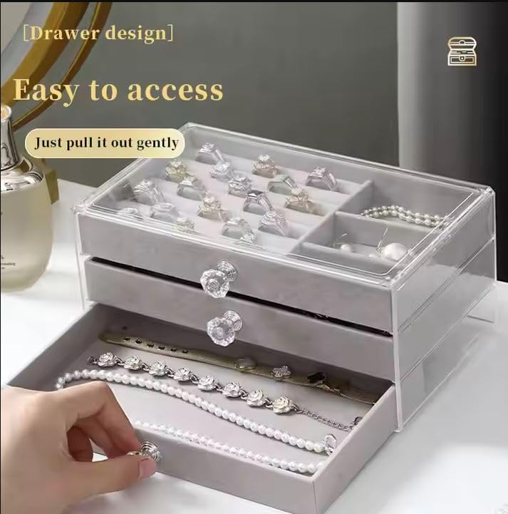 Seadra 3-Layer Velvet Jewelry Storage Box with Glass Cover - Gray Jewelry Organizer Case for Rings, Earrings & Necklaces - Perfect for Travel, Home Display & Gift Giving