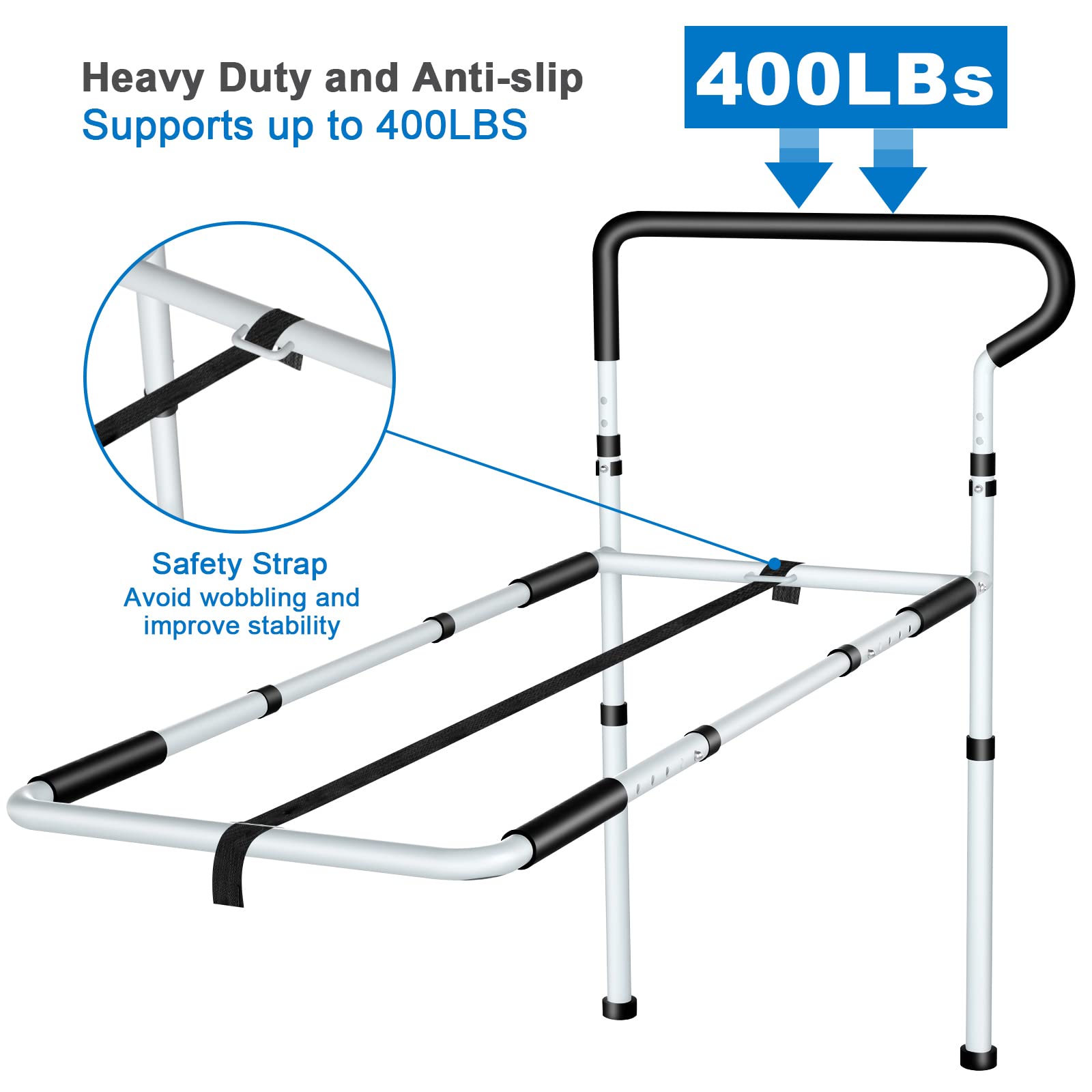 **KingPavonini Adjustable Bed Rails for Elderly Adults - Non-Slip Ergonomic Handle & Storage Pocket, Heavy-Duty Bed Assist Rail Holds 400 lbs, Tool-Free Assembly - Ideal for Seniors Safety & Mobility Support**