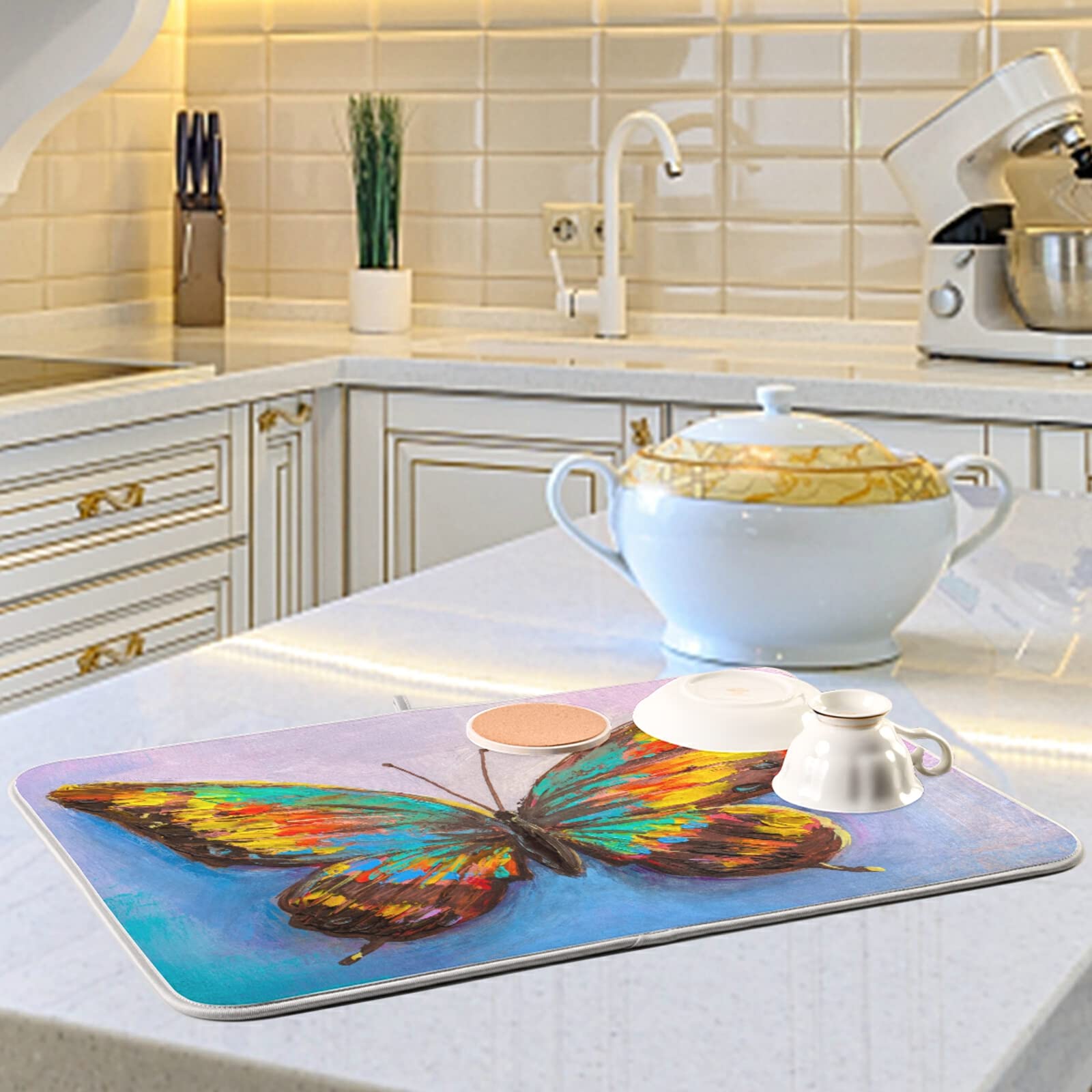 Butterfly Painting Dish Drying Mat - Absorbent Fast Dry Kitchen Countertop Pad, Non-Slip Dish Drainer Rack Mat - Perfect for Drying Dishes, Utensils & Cookware After Washing