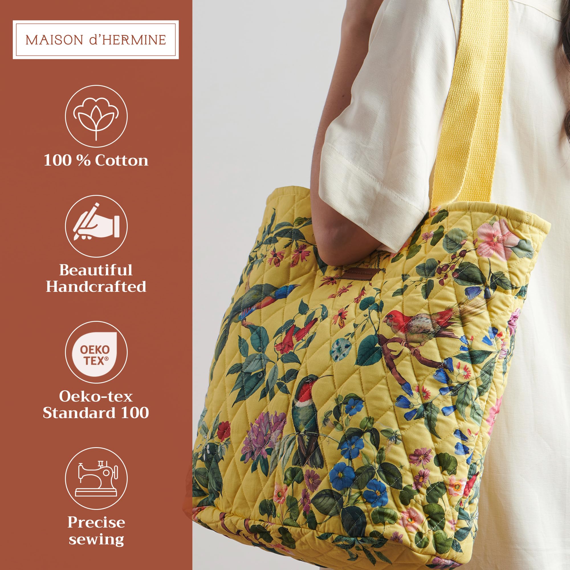 Maison d'Hermine Quilted Cotton Tote Bag with Zipper Pockets & Detachable Pouch - Stylish Shopping, Work, Travel & Lunch Bag for Women | Durable Grocery & Office Essentials Carrier