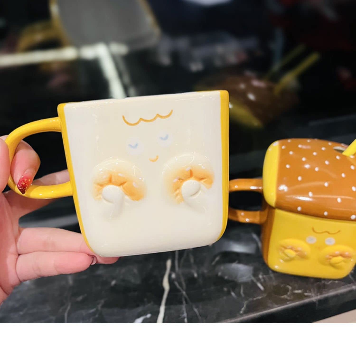 Strawberry Bunny Ceramic Coffee Mug with Lid and Straw - 400ml Cute Porcelain Cup for Adults & Kids - Perfect for Hot/Cold Drinks, Home, Office, and Gifts (Brown Bread Design)
