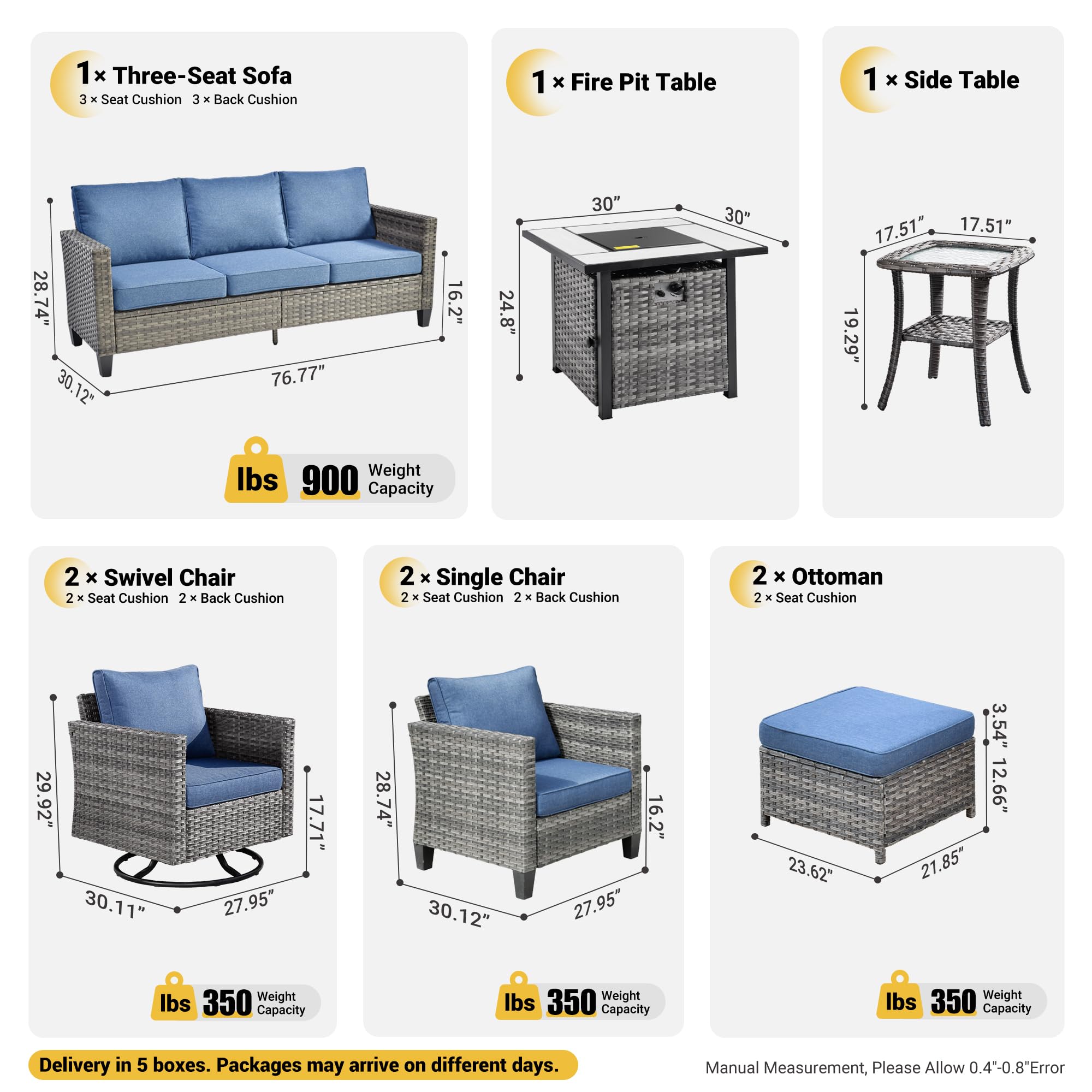 9-Piece Patio Furniture Set with Square Fire Pit Table & Swivel Rocking Chairs - High Back Wicker Rattan Outdoor Conversation Set for Deck, Porch, Garden - Denim Blue - Perfect for Backyard Relaxation & Entertaining Guests