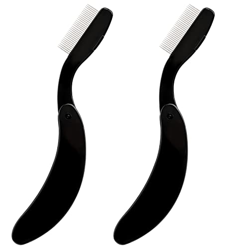 GCQQ 2PCS Black & Pink Foldable Metal Eyelash Separator Comb - Fine Teeth for Lash Lift, Extension & Eyebrow Waxing - Perfect for Salon & Home Use