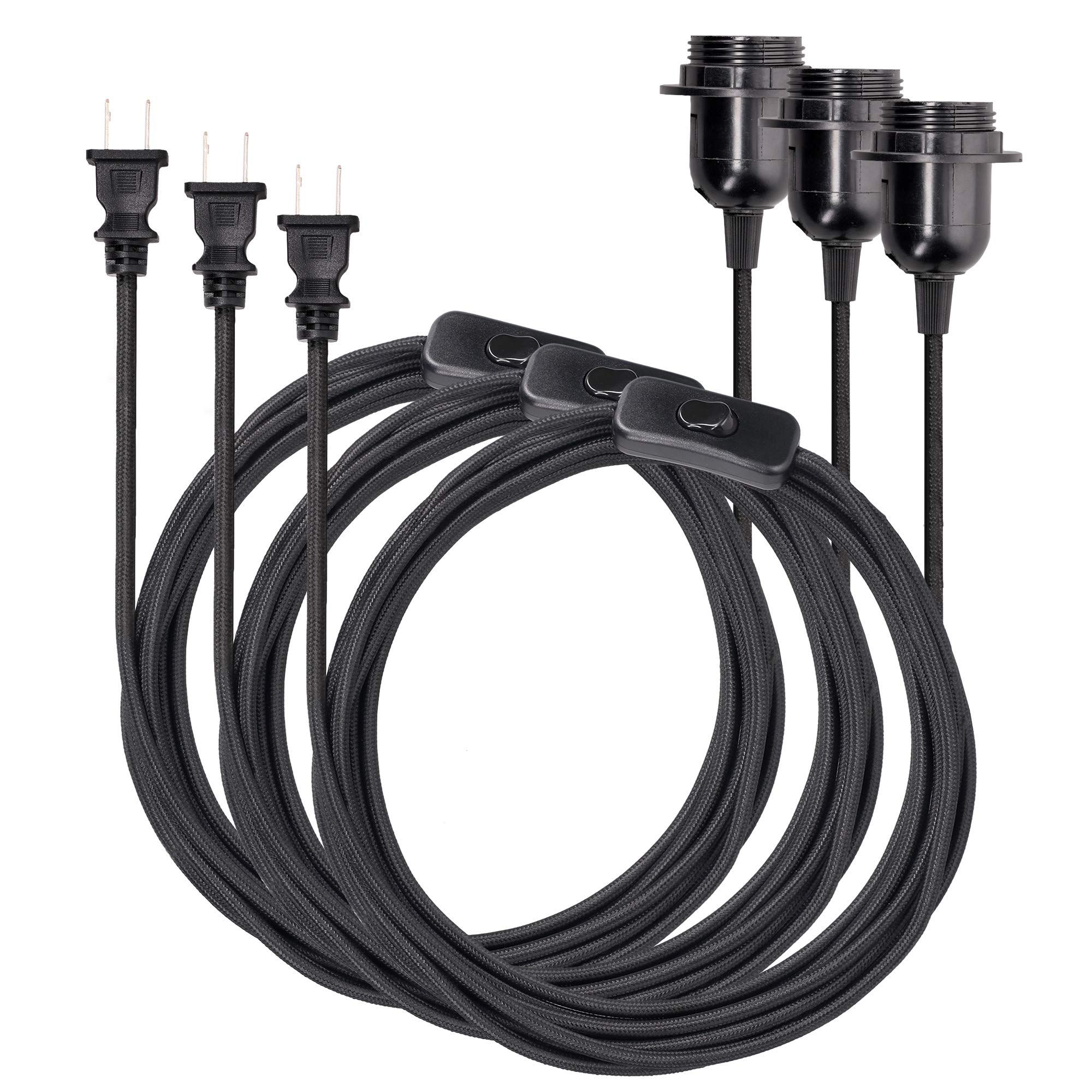 kwmobile Plug-in Light Cord (Pack of 3) - 6ft Long Fabric Pendant Lamp Cable with E26 Socket & Plug - DIY Hanging Ceiling Lighting Fixture - Black - Perfect for Bedroom, Living Room, and Kitchen Decor