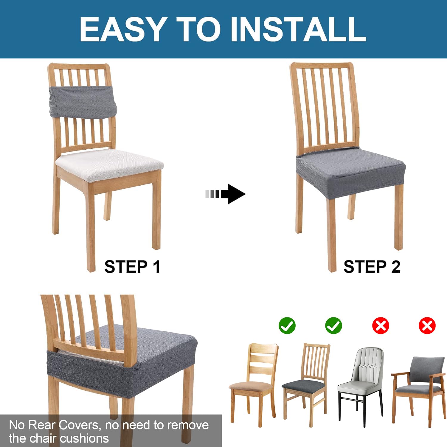 Smiry Waterproof Dining Chair Seat Covers - Set of 4 Stretch Jacquard Slipcovers, Washable & Removable Protector (Grey) - Perfect for Family Meals, Dinner Parties & Pet-Friendly Homes