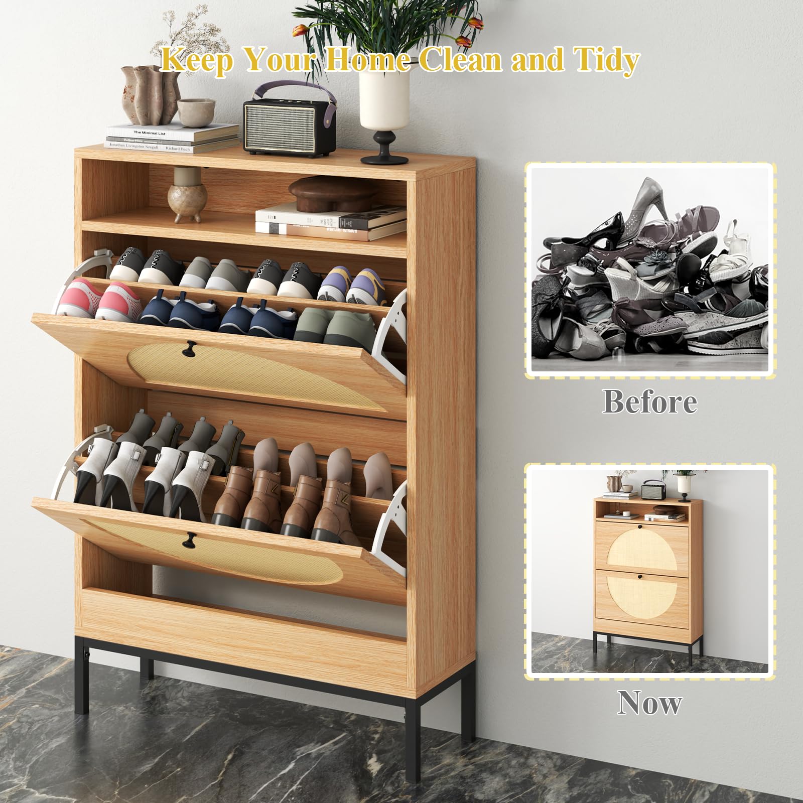 Rattan Shoe Cabinet with 2 Flip Drawers - Slim Shoe Closet Organizer, Hidden Shoe Storage for Entryway, Hallway, Living Room - Perfect for Small Spaces & Apartment Decor