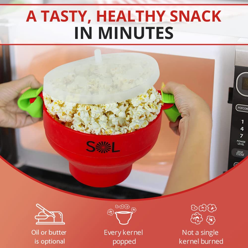 BPA-Free Silicone Popcorn Maker with Lid - Heat-Resistant, Collapsible Microwave Bowl (10x8x6 Inches) - Red - Perfect for Movie Nights, Snacks & Healthy Homemade Popcorn