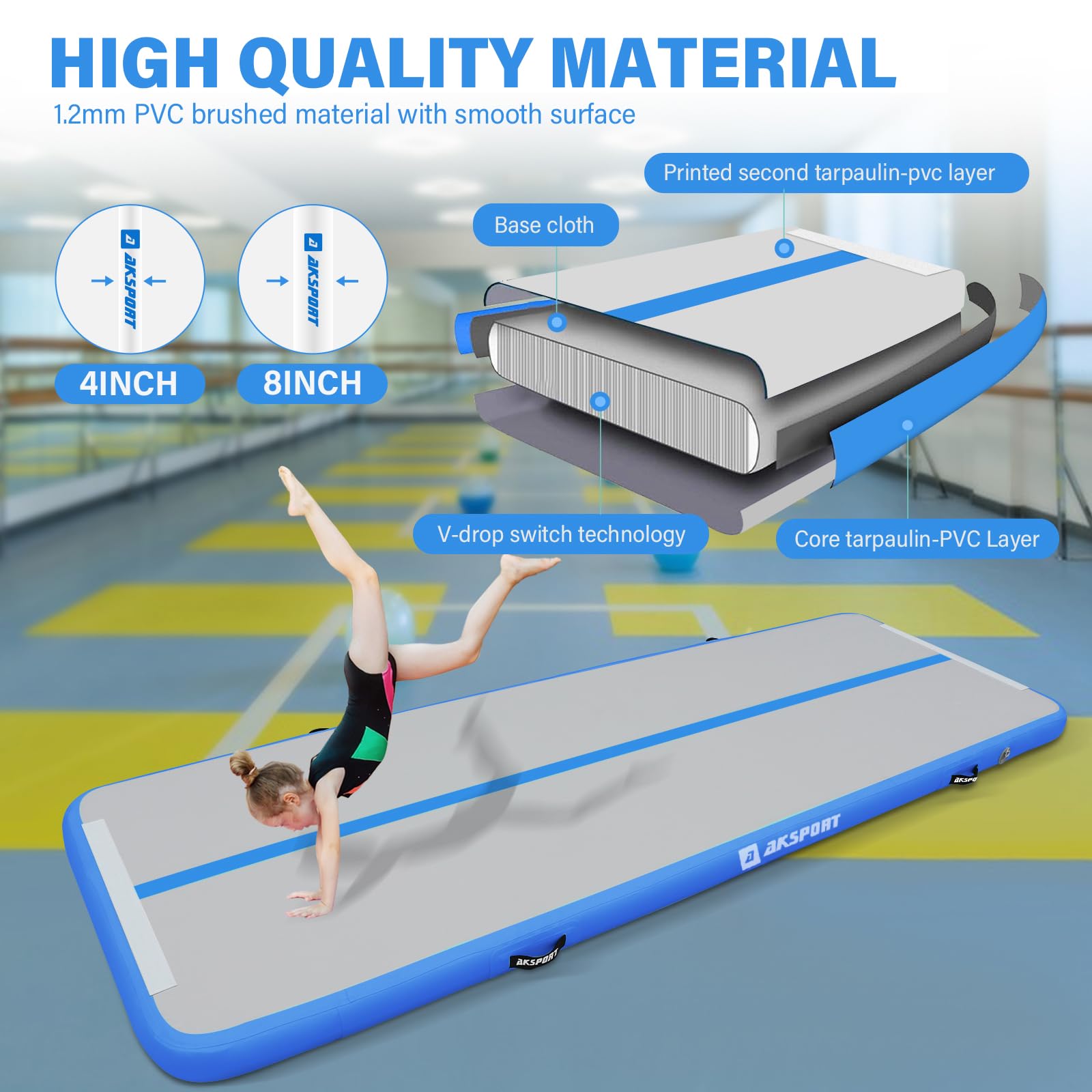 AKSPORT Inflatable Gymnastics Air Mat - Tumble Track & Tumbling Floor Mat with Air Pump for Home, Gym, Training | Perfect for Cheerleading, Parkour, Beach, Park & Water Activities | Portable Exercise Mat for Indoor & Outdoor Sports