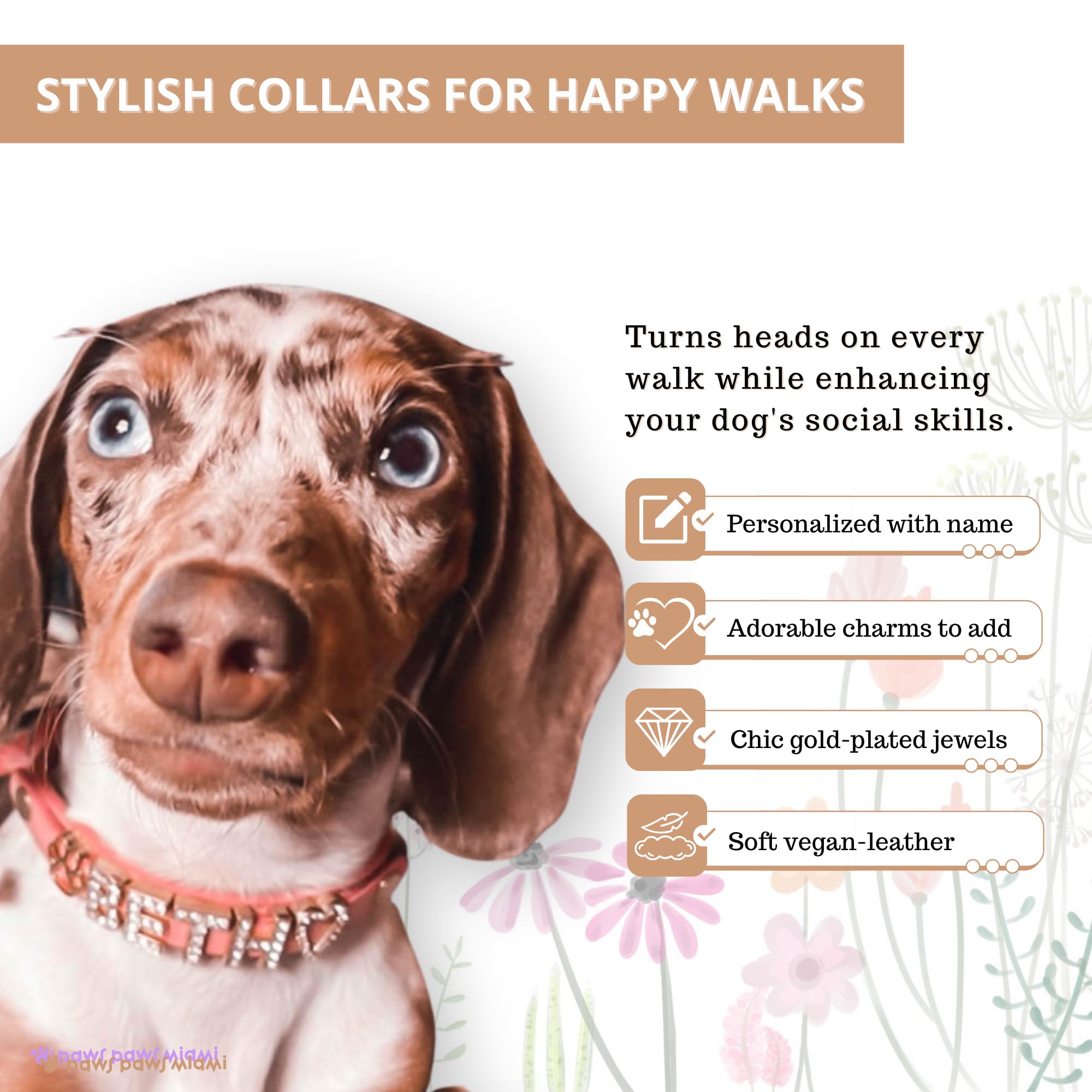 Custom Personalized Dog Collar for Medium Dogs - Gold Plated Cubic Zirconia Initials & Charm Jewels - Pink Miami Style Pet Accessory - Perfect for Daily Walks, Special Occasions & Gift Giving