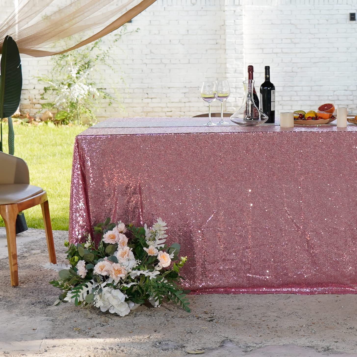Rose Pink Sequin Tablecloth 90x132 Inches - Glitter Party Table Cover for Weddings, Birthdays, Baby Showers & Christmas Decorations | Rectangular Sequin Table Overlay for Reception & Special Events