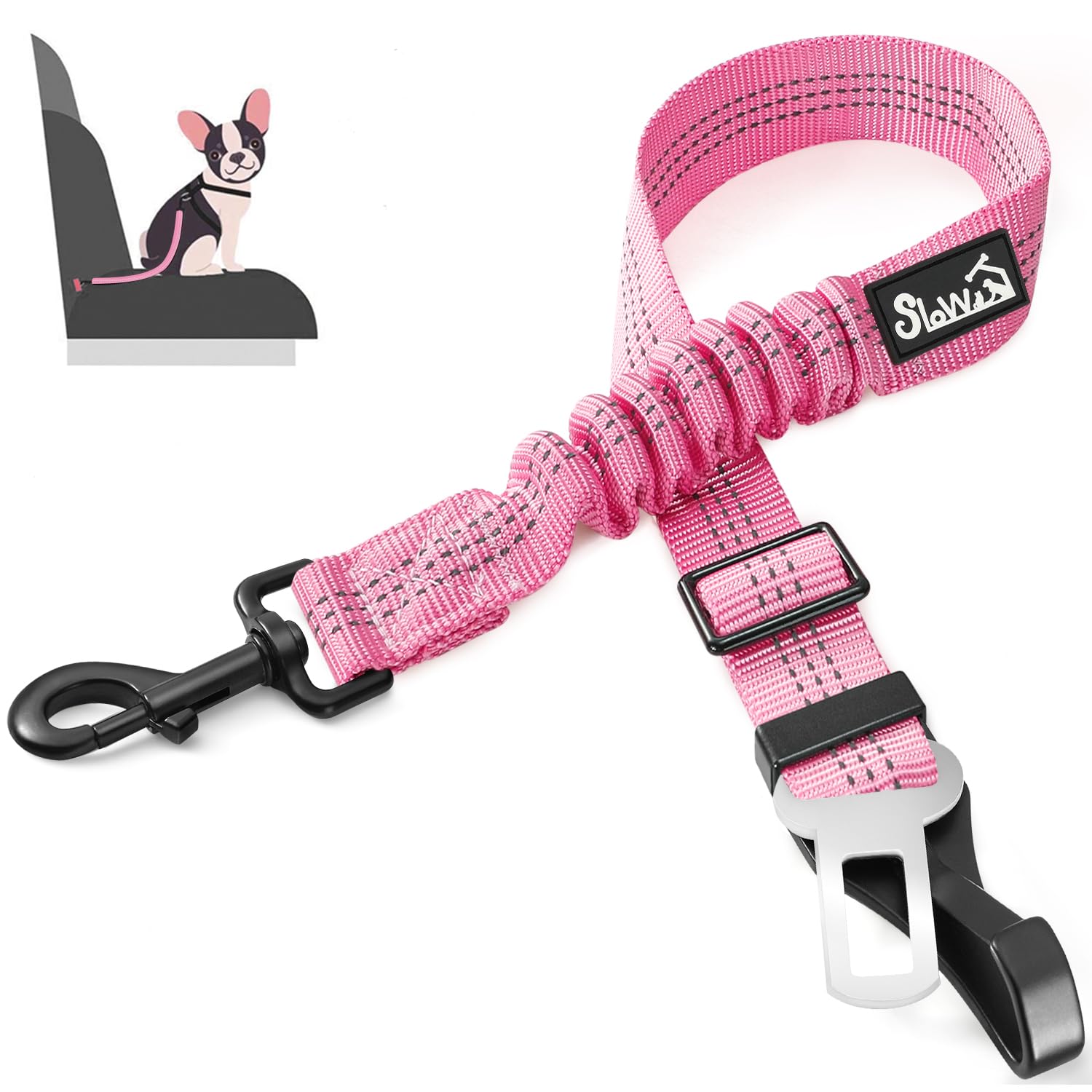 SlowTon Adjustable Dog Seat Belt for Car Safety - 2-in-1 Latch Bar Attachment with Elastic Bungee & Reflective Nylon Leash - Secure Pet Harness Connection (Pink) - Perfect for Road Trips & Daily Commutes