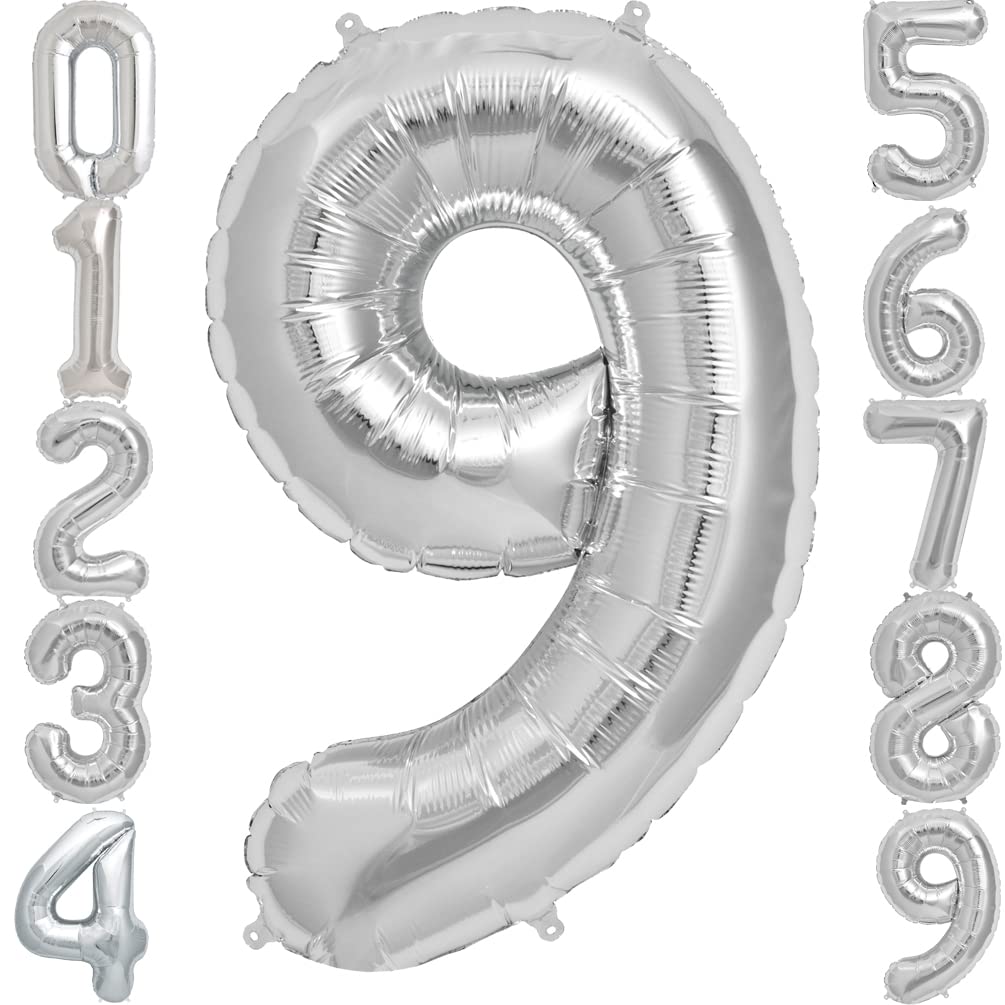 42 Inch Silver Foil Number 9 Balloons for Birthday Parties, Anniversaries & Special Events - Large Metallic Decoration