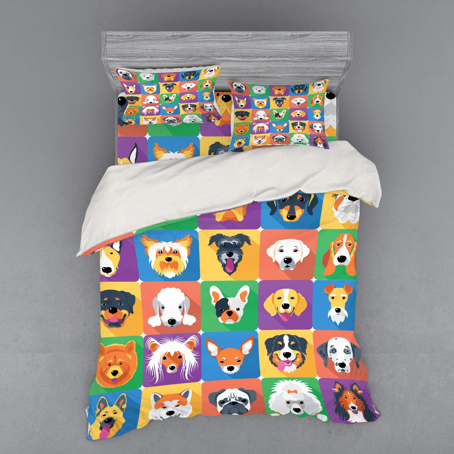Ambesonne 4-Piece Dog Breeds Duvet Cover Set - Queen Size, Purple & Green Pet Shepherd Terrier Labrador Design | Soft Bedding with Shams & Fitted Sheet for Dog Lovers' Bedroom Decor