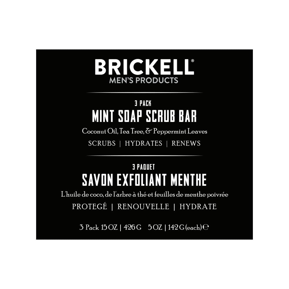 Brickell Men's Mint Soap Scrub Bar - 3 Pack Natural Organic Exfoliating Bar Soap with Tea Tree Oil, Coconut & Peppermint Leaf - 5oz Each - Perfect for Men's Skincare & Post-Workout Refreshment