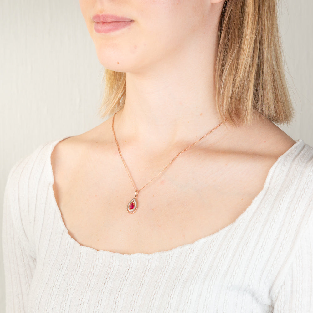 9ct Rose Gold Diamond & Created Ruby Pendant Necklace - Elegant Jewelry Gift for Women, Perfect for Valentine's Day, Anniversary & Special Occasions