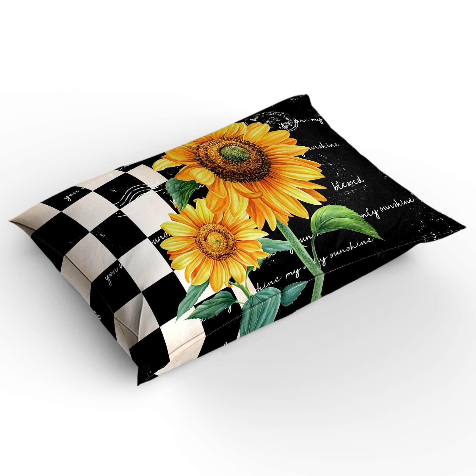 4 Piece Twin Size Quilted Comforter Set - Sunflower Farmhouse Bedding for Kids (Girls & Boys) - Includes Comforter Cover, Top Sheet & Pillowcases - Black Checkered Yellow Floral Design - Perfect for Bedroom, Guest Room & Hotel Use