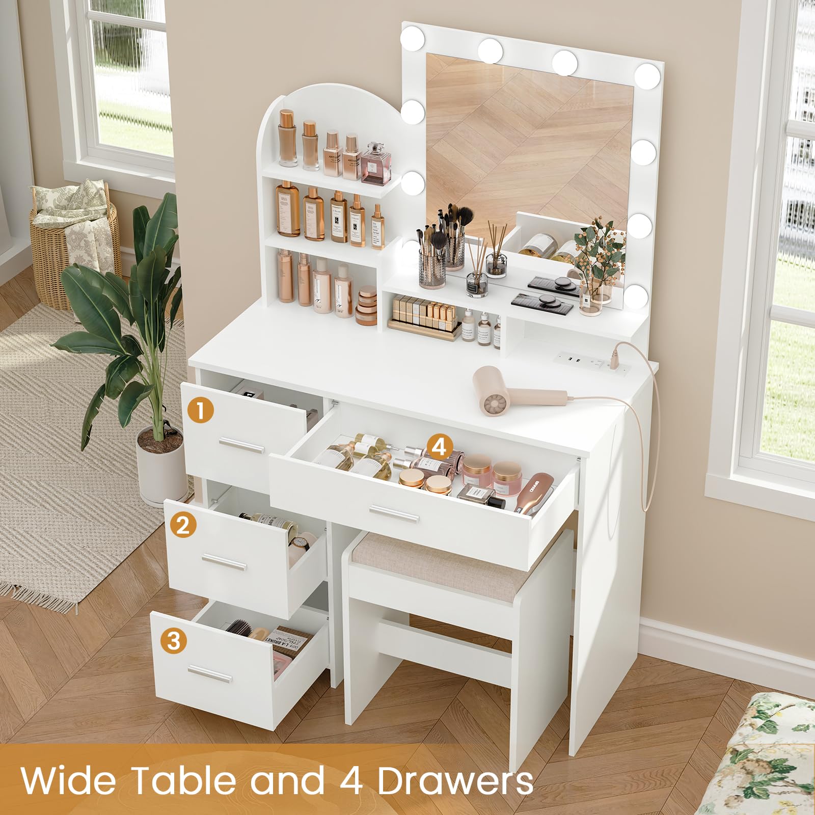 Quimoo 10-Light Makeup Vanity Desk with LED Mirror, 4 Drawers & USB Charging Station - White Vanity Set with Cushioned Stool for Bedroom, Dressing Room & Beauty Salon