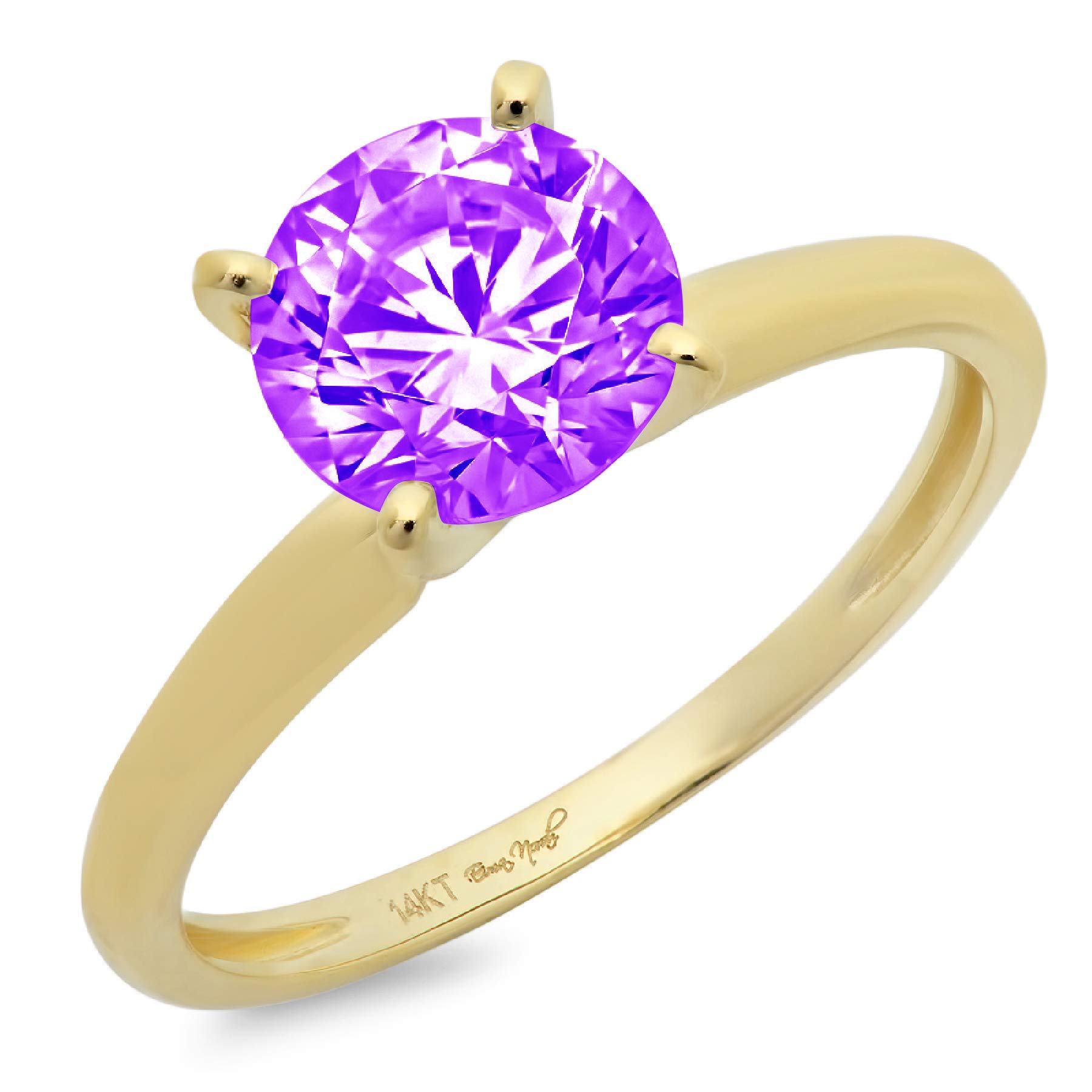 1.95ct Natural Purple Amethyst Solitaire Ring - Round Brilliant Cut, VVS1 Clarity, 14K Solid Yellow Gold, 4-Prong Classic Designer Statement Ring for Women | Perfect Anniversary Gift, Engagement Ring & Special Occasion Jewelry