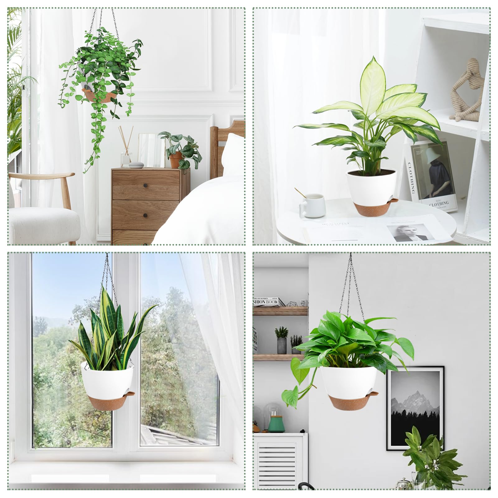 2 Pack Self Watering Hanging Planters for Indoor Outdoor Plants - 6 Inch Hanging Flower Pots with Drainage Holes & Removable Tray - Perfect for Garden, Balcony, Patio, and Home Decor (White)