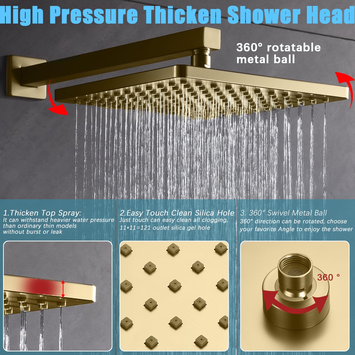 10 Inch Rainfall Shower System with 4-Setting Handheld Spray, Pressure Balance Valve & Brushed Gold Trim Kit - Wall Mounted Bathroom Faucet Set for Luxurious Spa Experience at Home