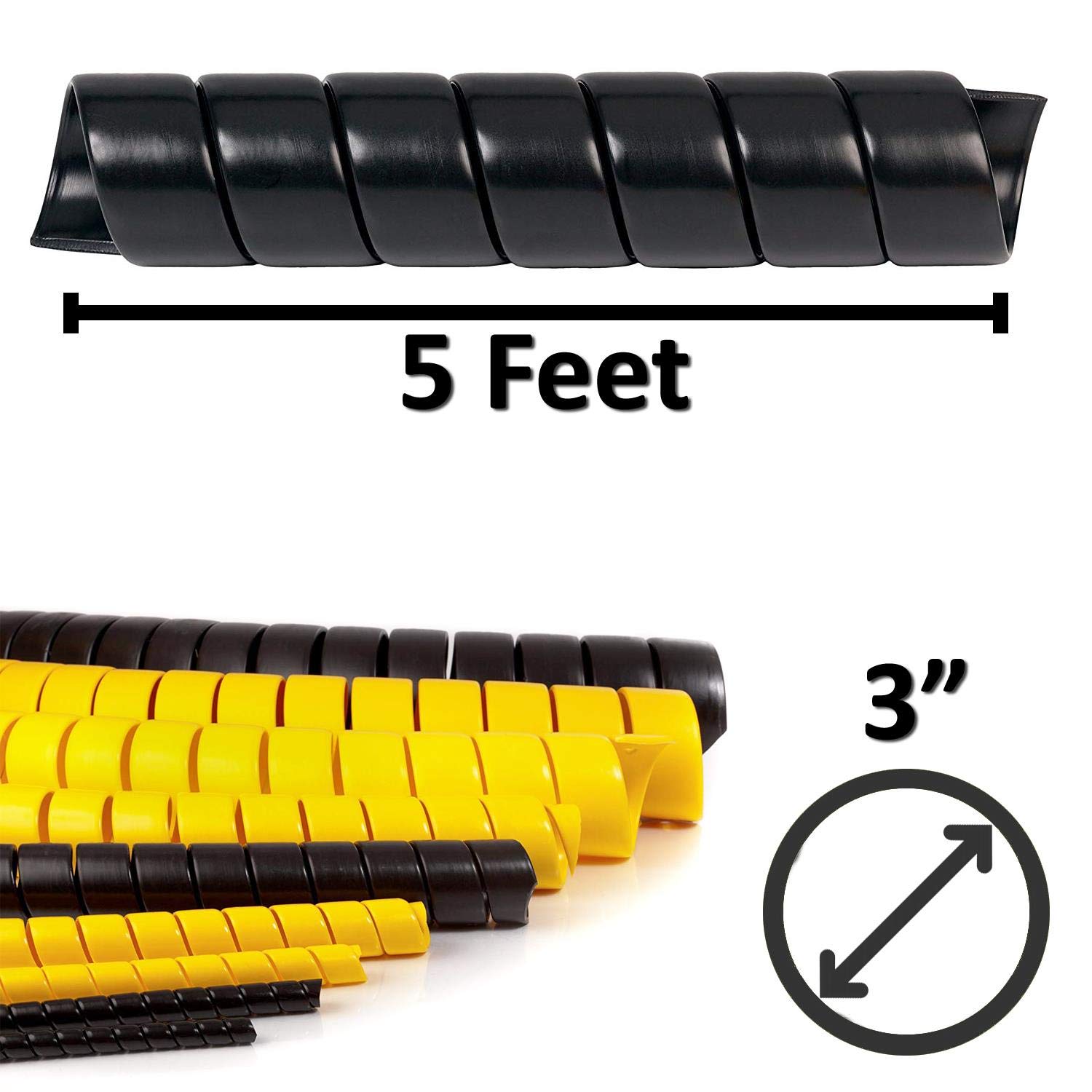 Heavy Duty 3 Inch HDPE Spiral Cable Wrap - Flexible Plastic Wire Sleeve Protector (5ft Black) for Automotive, Home & Office Cable Management