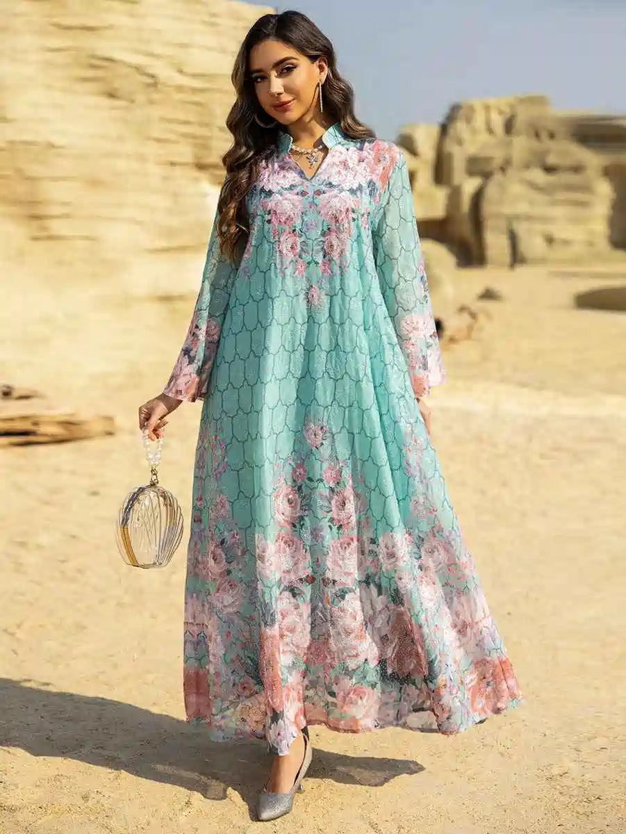 Elegant Eid Dress for Women - Embroidered Caftan Kaftan with Floral Print #25463 | Perfect for Eid Celebrations, Weddings & Special Occasions