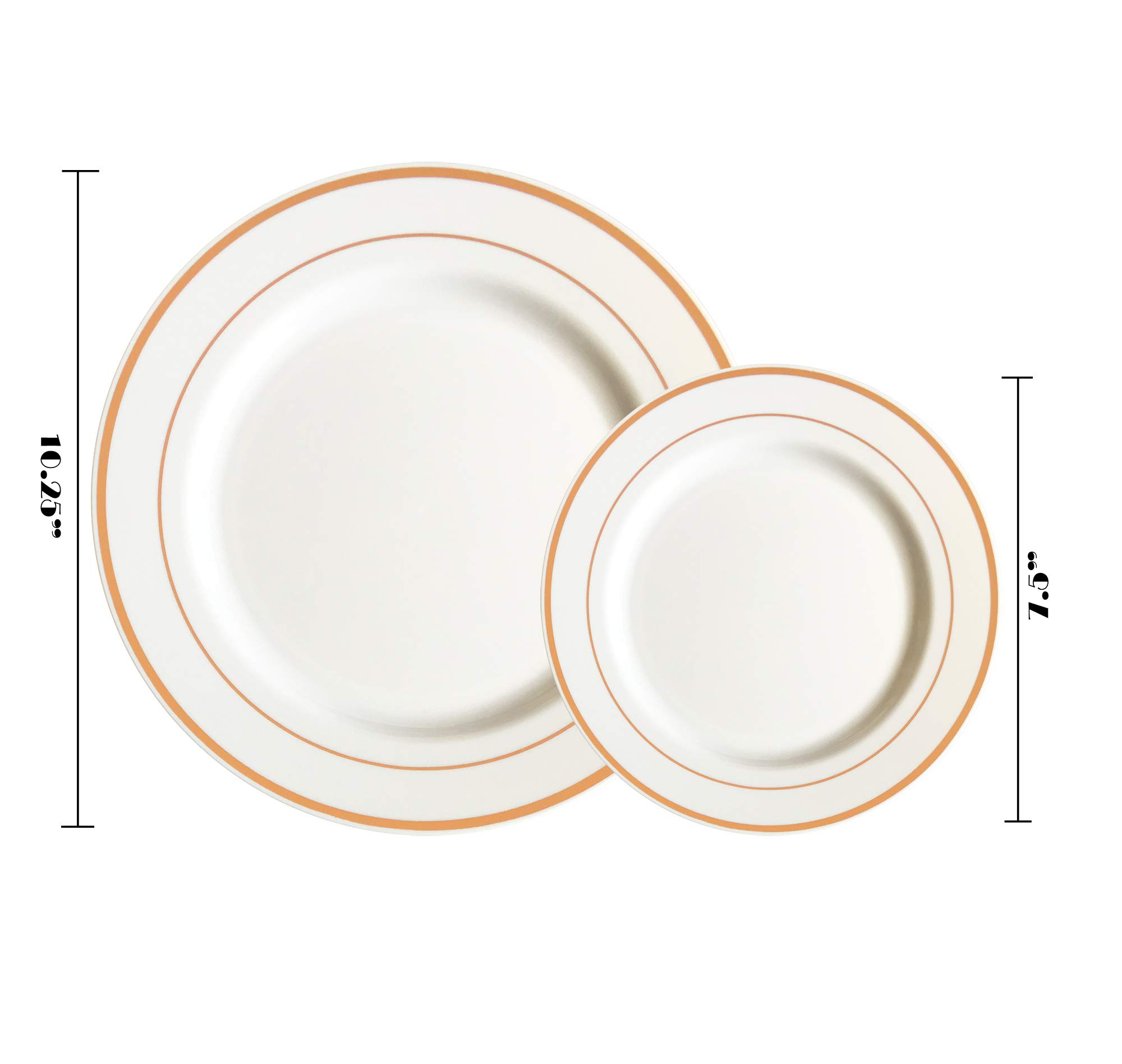 JL Prime 50-Piece Rose Gold Plastic Plates Set - Reusable & Recyclable Dinnerware for Weddings, Parties, Events - 25 Dinner Plates & 25 Salad Plates - Elegant Rose Gold Rim Dishes for Anniversary, Bridal Shower, Birthday Celebration & Home Decor