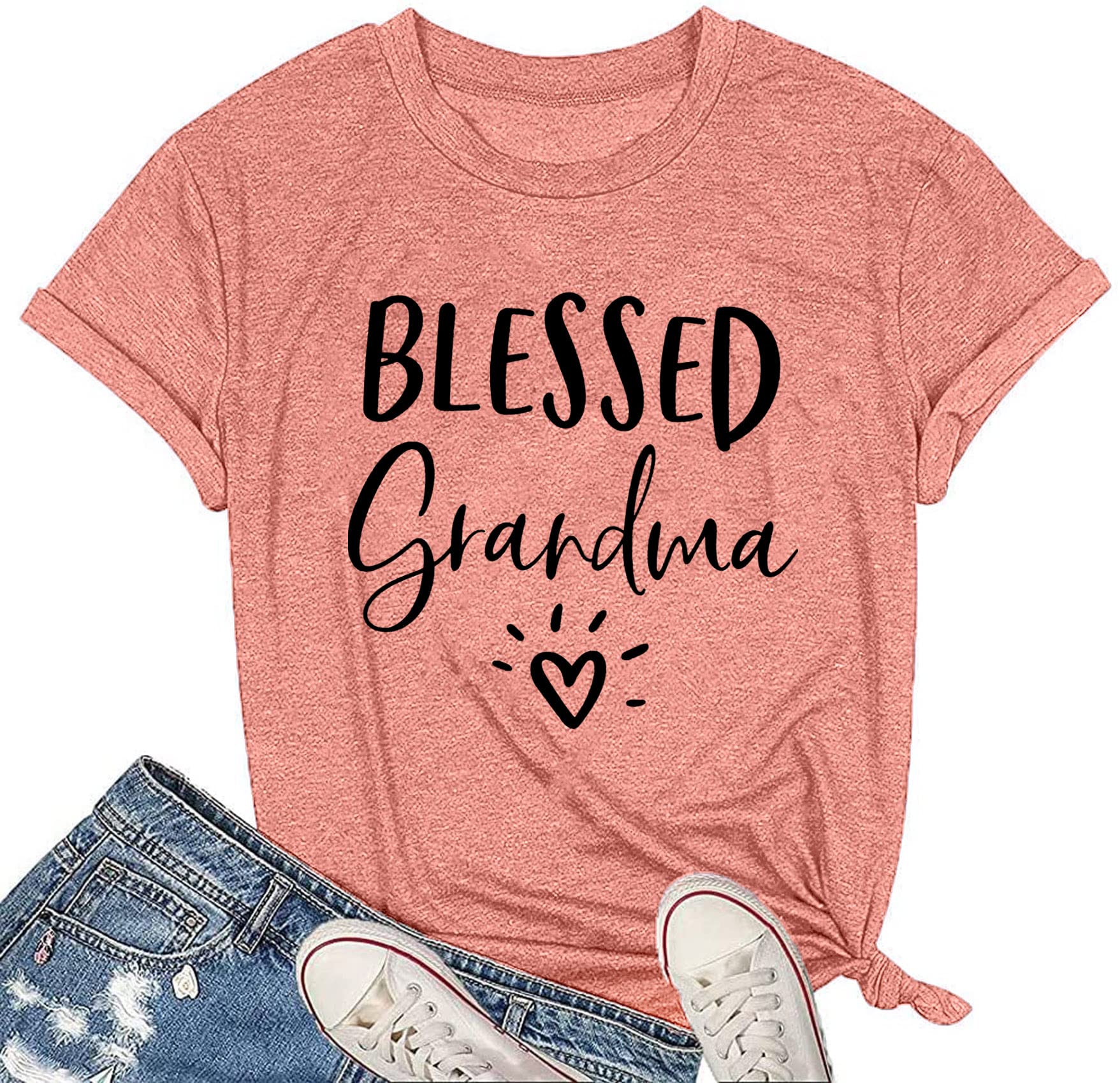 Blessed Grandma T-Shirt for Women - Heart Graphic Tee - Perfect Gift for Grandmother - Green Cotton Top | Ideal for Mother's Day, Family Reunions & Casual Wear