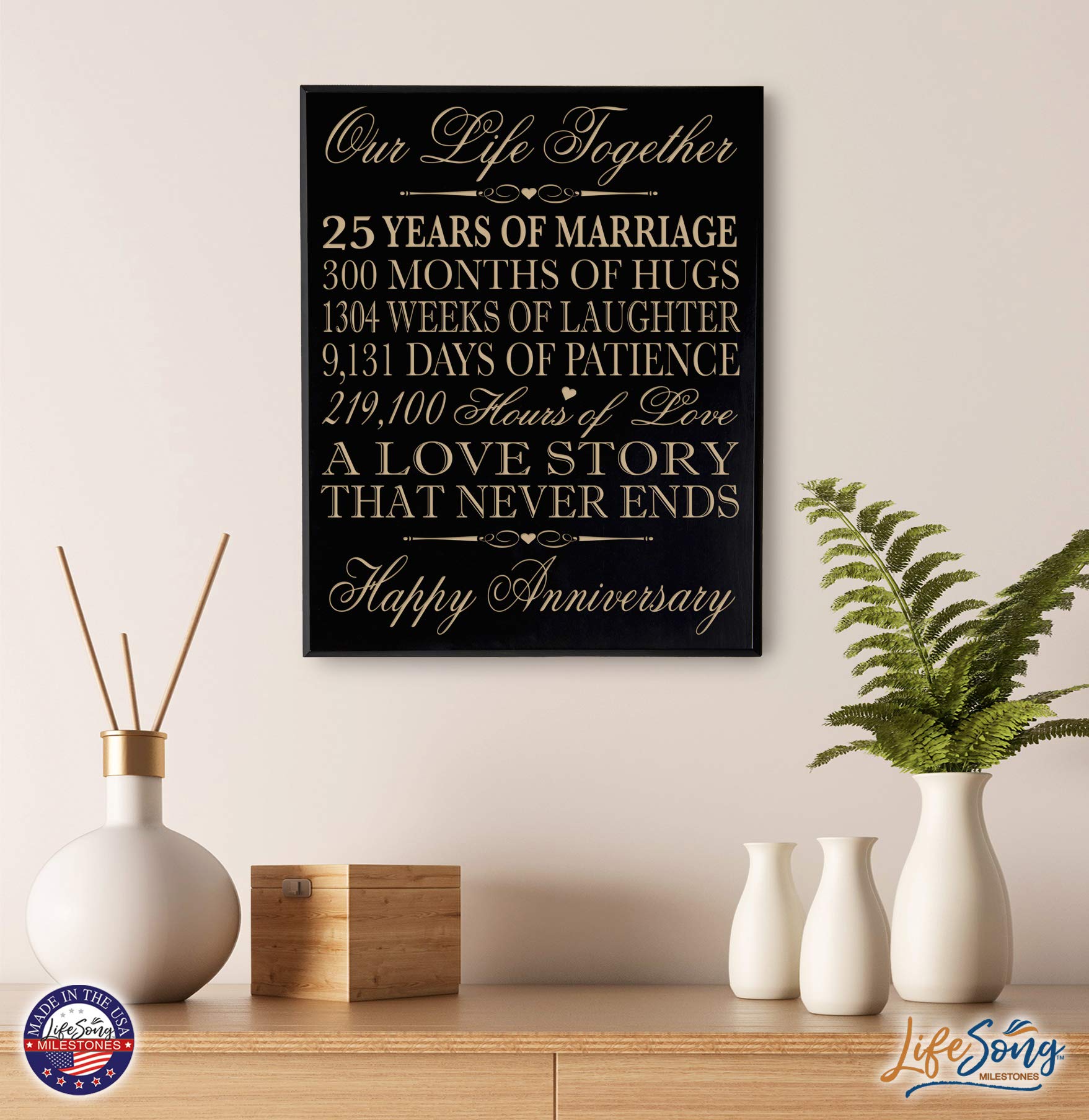 LifeSong Milestones 25th Wedding Anniversary Gift for Couples - Elegant 12x15 Inch Black Veneer Wood Wall Plaque - Perfect Silver Anniversary Decor for Home, Office or Romantic Gift Idea