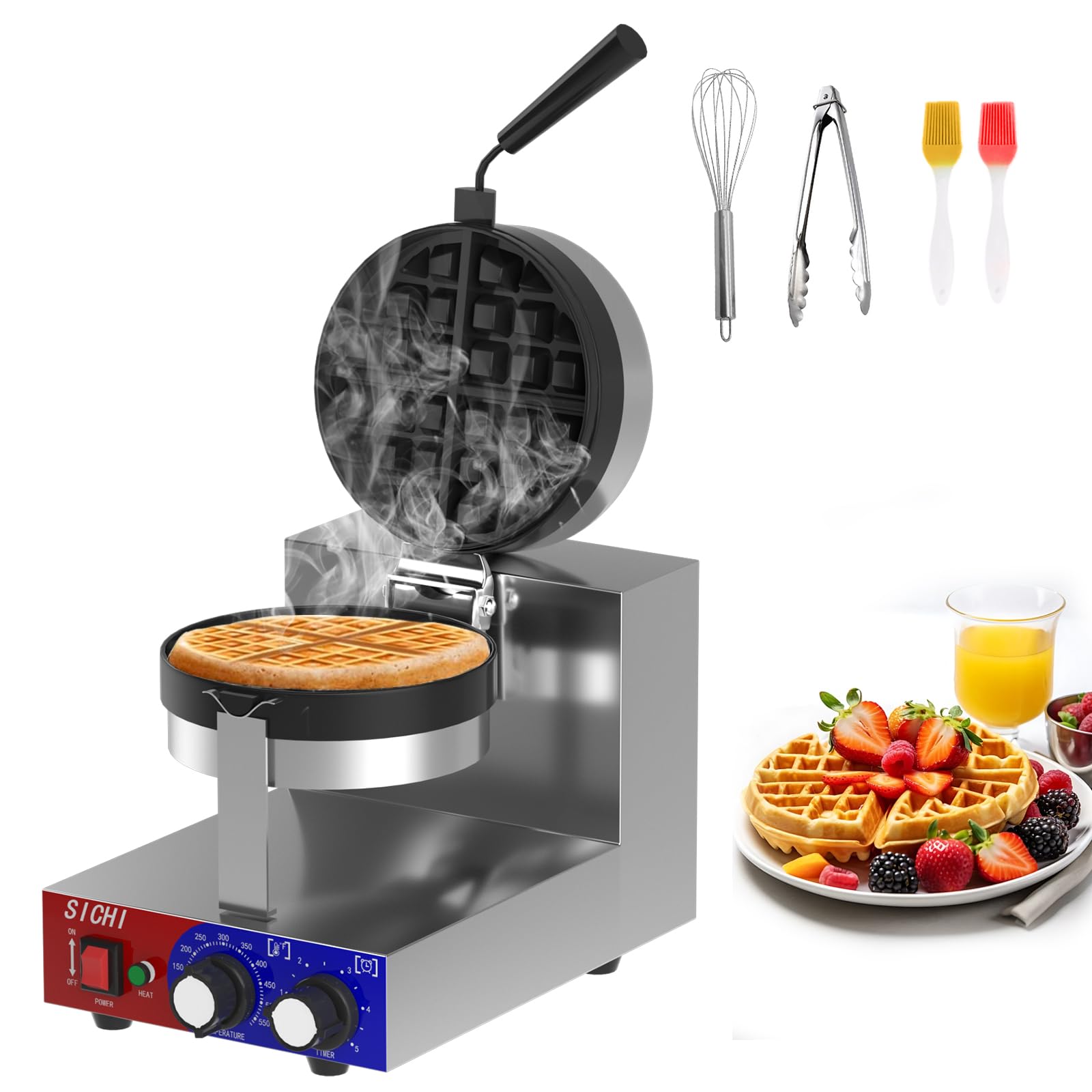 SICHI Commercial Waffle Maker - 1200W Belgian Waffle Iron with Non-Stick Baking Pan, 550°F Fast Heating, Rotating Stainless Steel Waffle Machine for 1.2