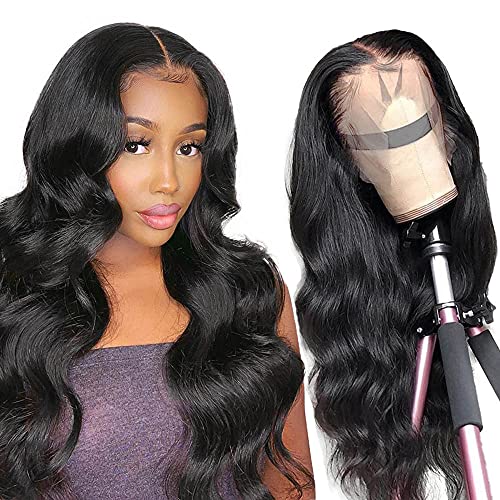 24 Inches Body Wave Lace Front Wigs for Black Women - 100% Brazilian Virgin Human Hair, 13x4 Lace Frontal Wig with Pre-Plucked Hairline & Baby Hair, 150% Density Natural Black Color - Perfect for Daily Wear, Parties & Special Occasions