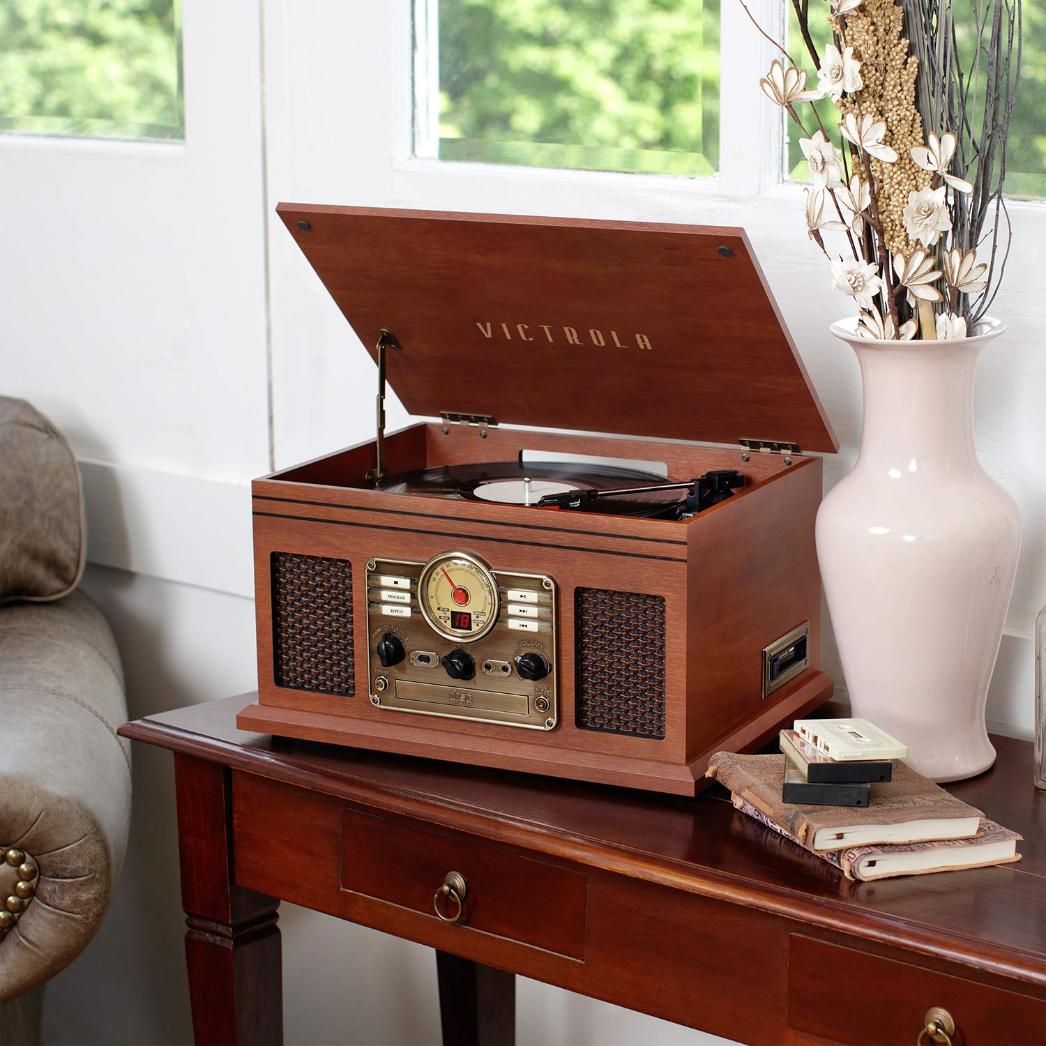Victrola Nostalgic 7-in-1 Bluetooth Record Player with Built-in Speakers | 3-Speed Turntable, CD & Cassette Player, AM/FM Radio | Wireless Music Streaming | Mahogany Finish | Perfect for Home Entertainment, Vinyl Collection & Retro Music Lovers