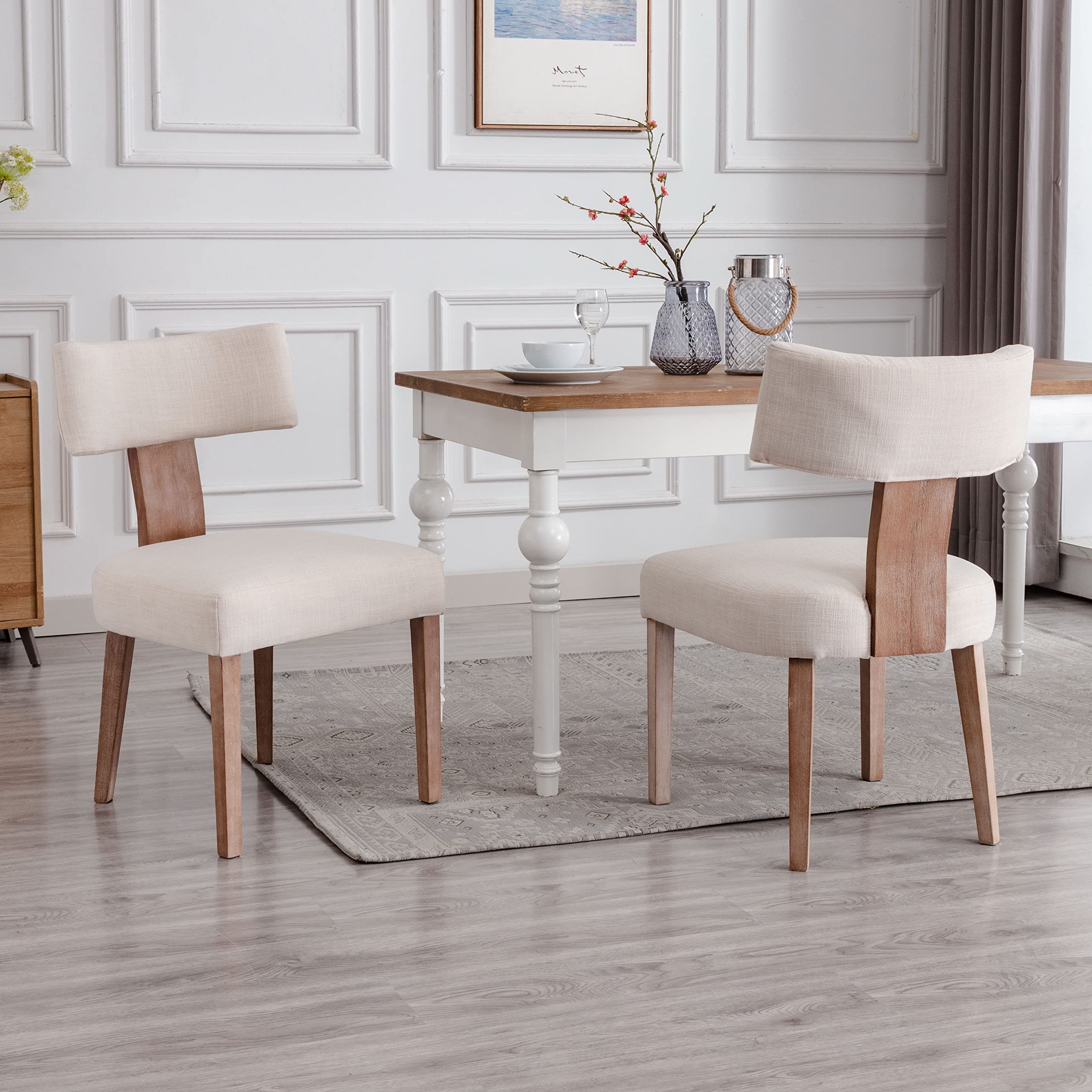Modern Dining Chairs Set of 2 - Upholstered Wooden Leg Side Chairs with Linen Fabric & Curved Wingback Design - Comfortable for Living Room, Bedroom, Kitchen - Beige Home Decor for Family Gatherings & Dinner Parties