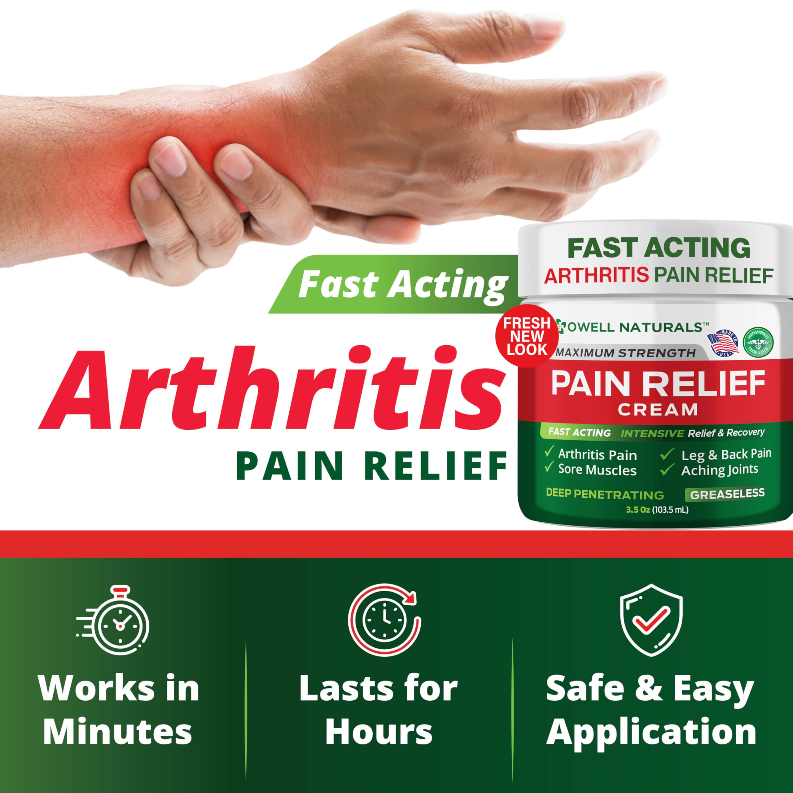 OWELL NATURALS Fast-Acting Arthritis Pain Relief Cream - Deep Penetrating Joint & Muscle Support for Back, Knee, Hands, Feet, Shoulders | Non-Greasy Formula with Natural Ingredients | 3.5 oz | Perfect for Active Lifestyles, Post-Workout Recovery & Daily Comfort