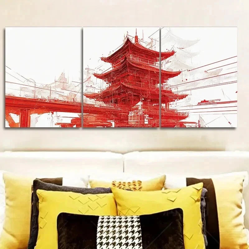 3-Piece Chinese Style Pagoda Wall Art Set - Framed Canvas Prints 50x70cm - High Quality Asian Home Decor - Ready to Hang Wall Decor for Living Room, Bedroom & Office