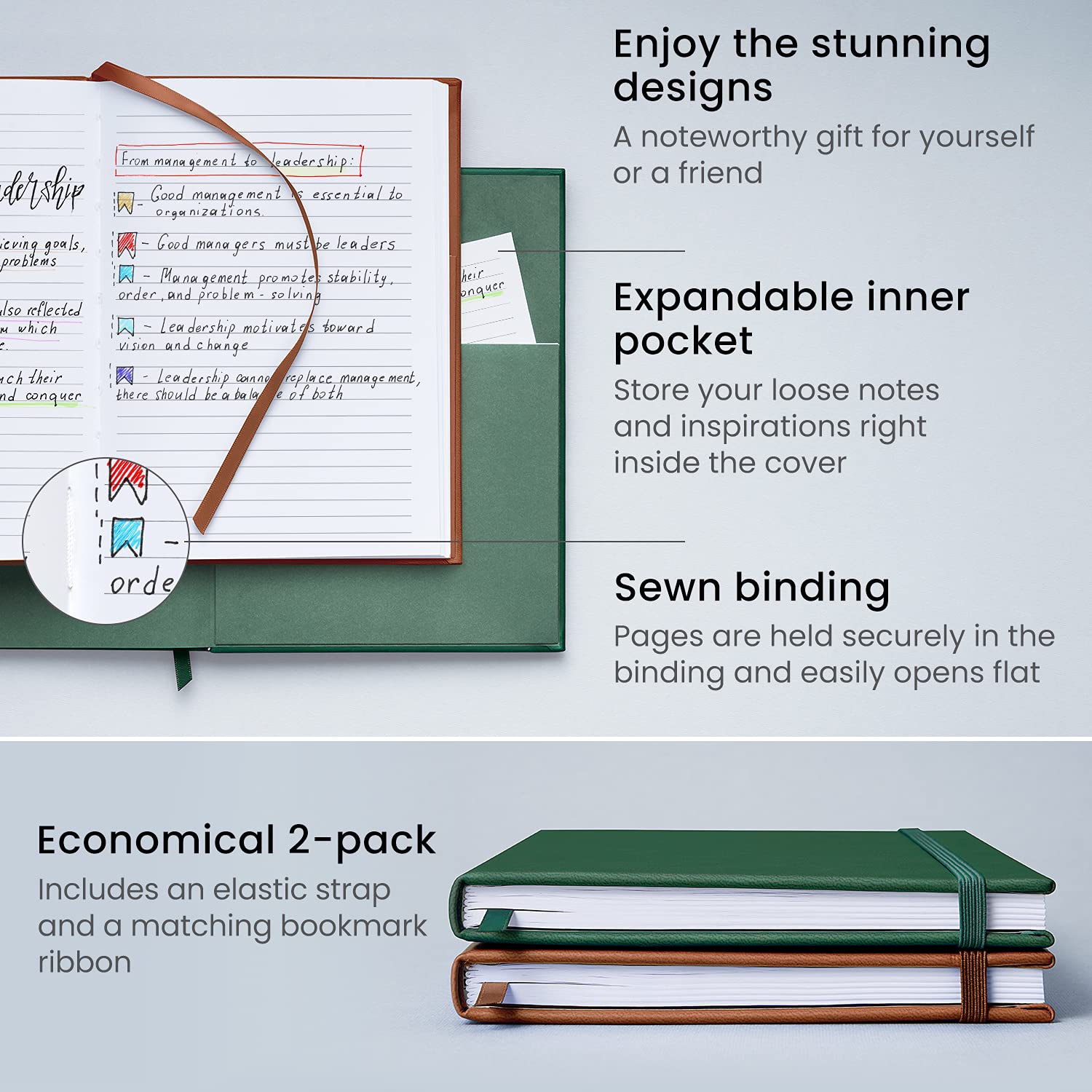 ARTEZA Hardcover Journal Notebooks, Pack of 2, 6x8 Inches, 96 Sheets, Lined Paper, Green and Saddle Brown - Perfect for Writing, Sketching & Note Taking in School, Office or Travel