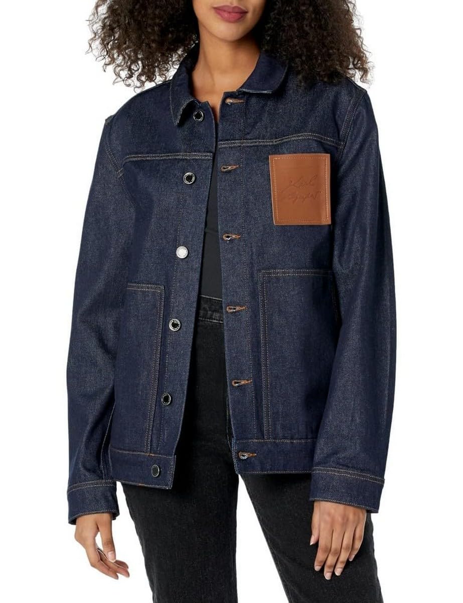 KARL LAGERFELD Women's Denim Jacket with Logo Patch - Raw Denim Trucker Jacket for Casual Outfits & Streetwear Fashion