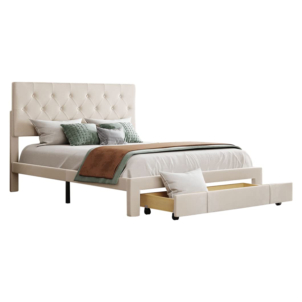Queen Size Velvet Upholstered Storage Platform Bed with Large Drawer & Wooden Slats - Tufted Headboard, No Box Spring Needed, Beige - Perfect for Modern Bedrooms, Guest Rooms & Small Space Living