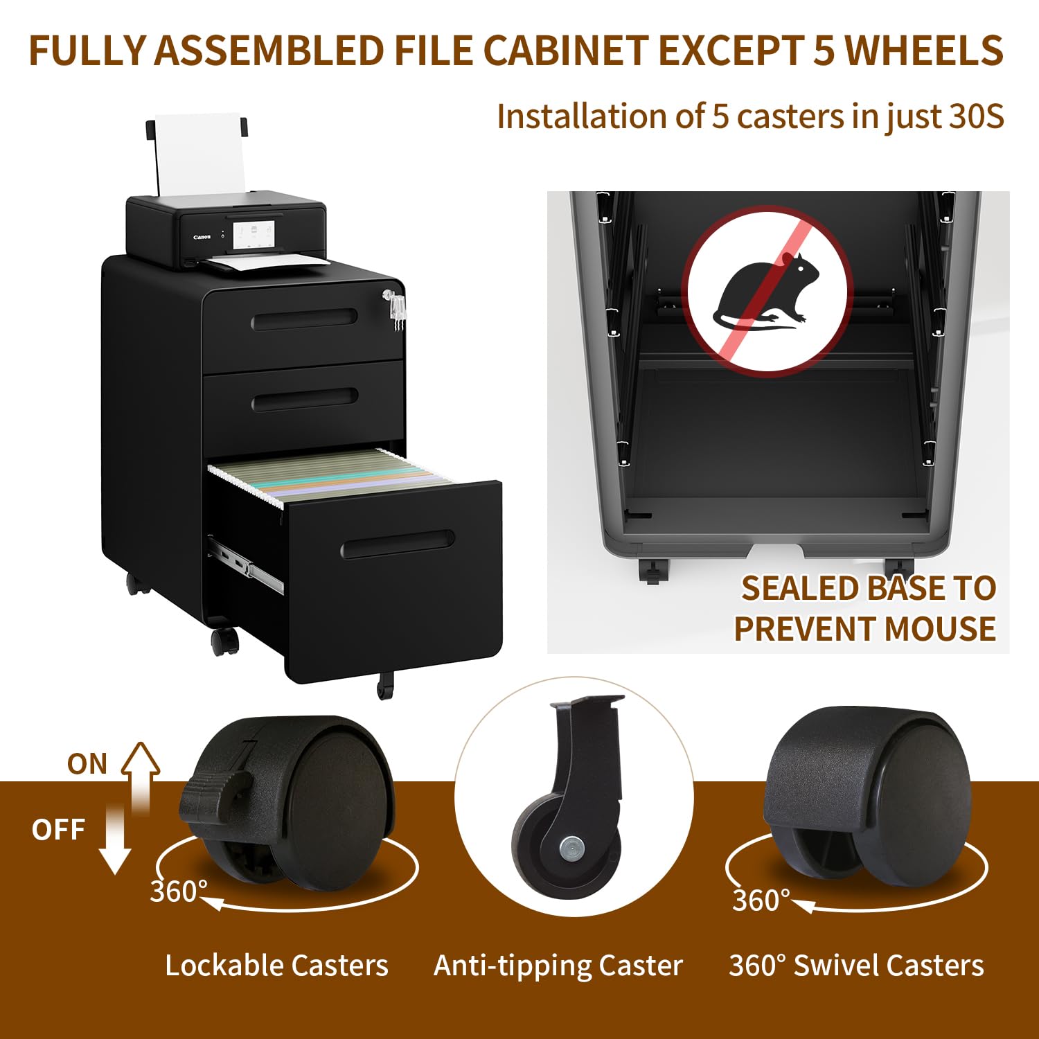 3 Drawer Locking File Cabinet with 4 Keys - Mobile Metal Filing Cabinet for Home Office - Under Desk Storage Solution - Pre-Assembled Letter/Legal/A4 Hanging File Folders - Perfect for Document Organization in Small Spaces & Workspaces