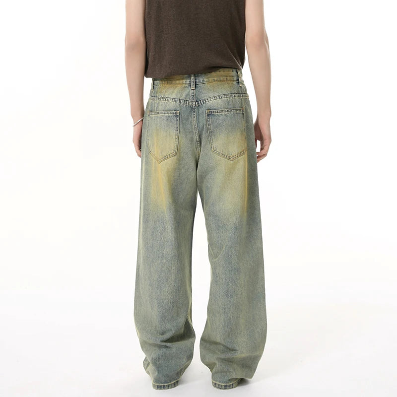 American Style Men's Reversible Contrast Color Distressed Straight Wide Leg Washed Denim Jeans - Casual Wear & Street Fashion | New Arrival 9W1846
