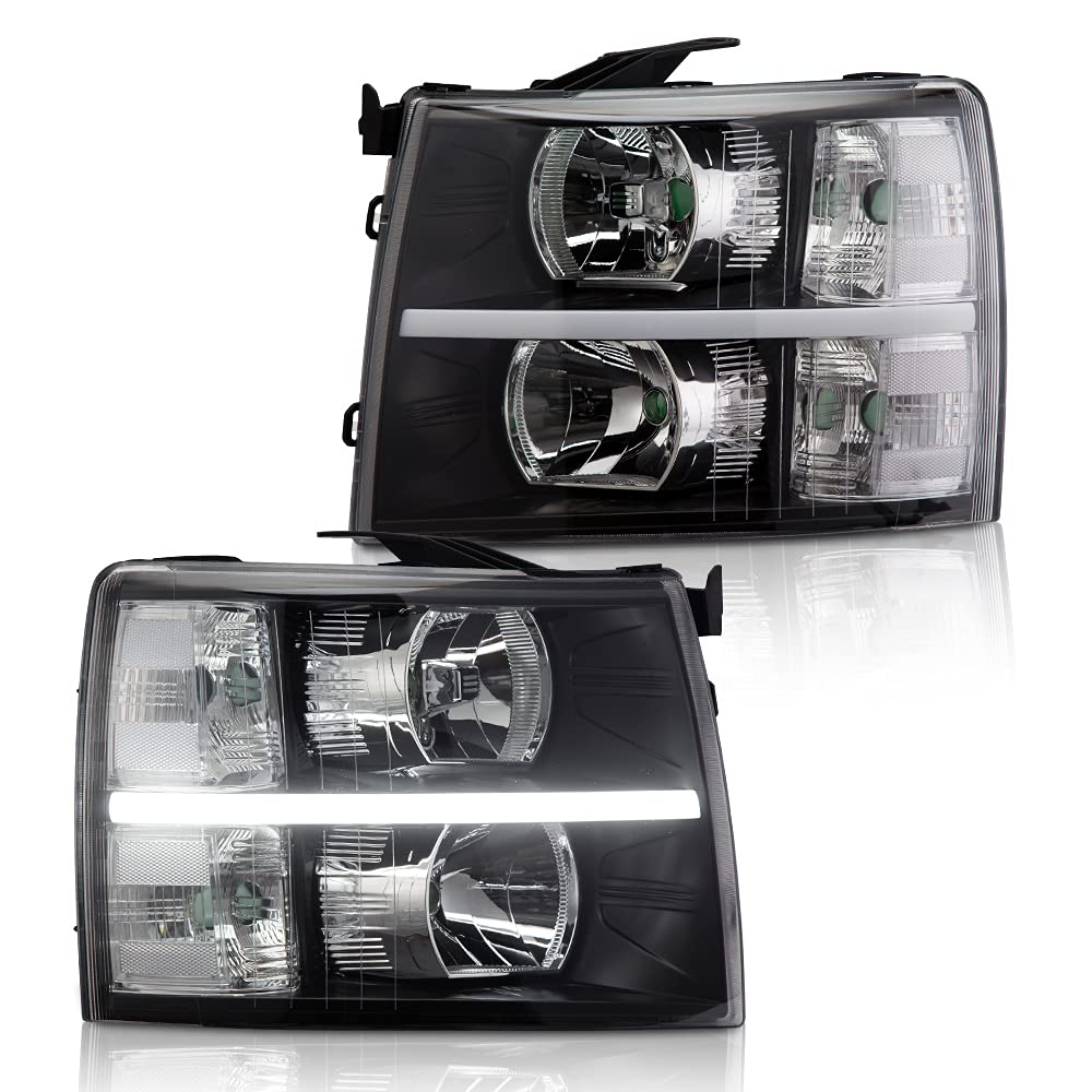 LED DRL Headlight Assembly Replacement for 2007-2013 Chevy Silverado - Clear Lens Black Housing with Clear Reflector - Left & Right Pair - Perfect for Night Driving & Off-Road Adventures