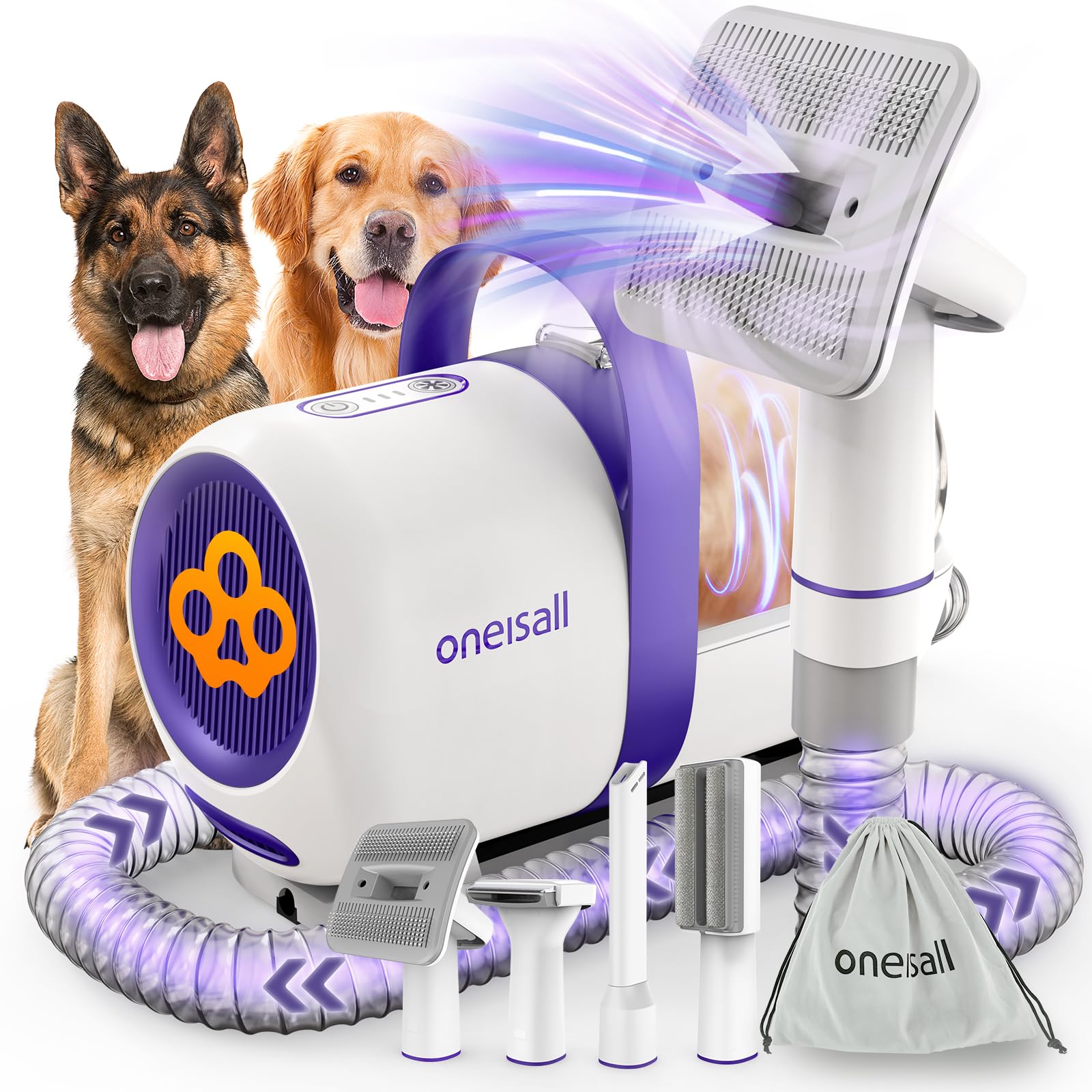 Oneisall Dog Grooming Vacuum Kit - 99% Pet Hair Suction, 4-in-1 Pet Grooming Brush & Vacuum with Attachments for Shedding Control - Perfect for Home Pet Grooming & Hair Removal on Furniture