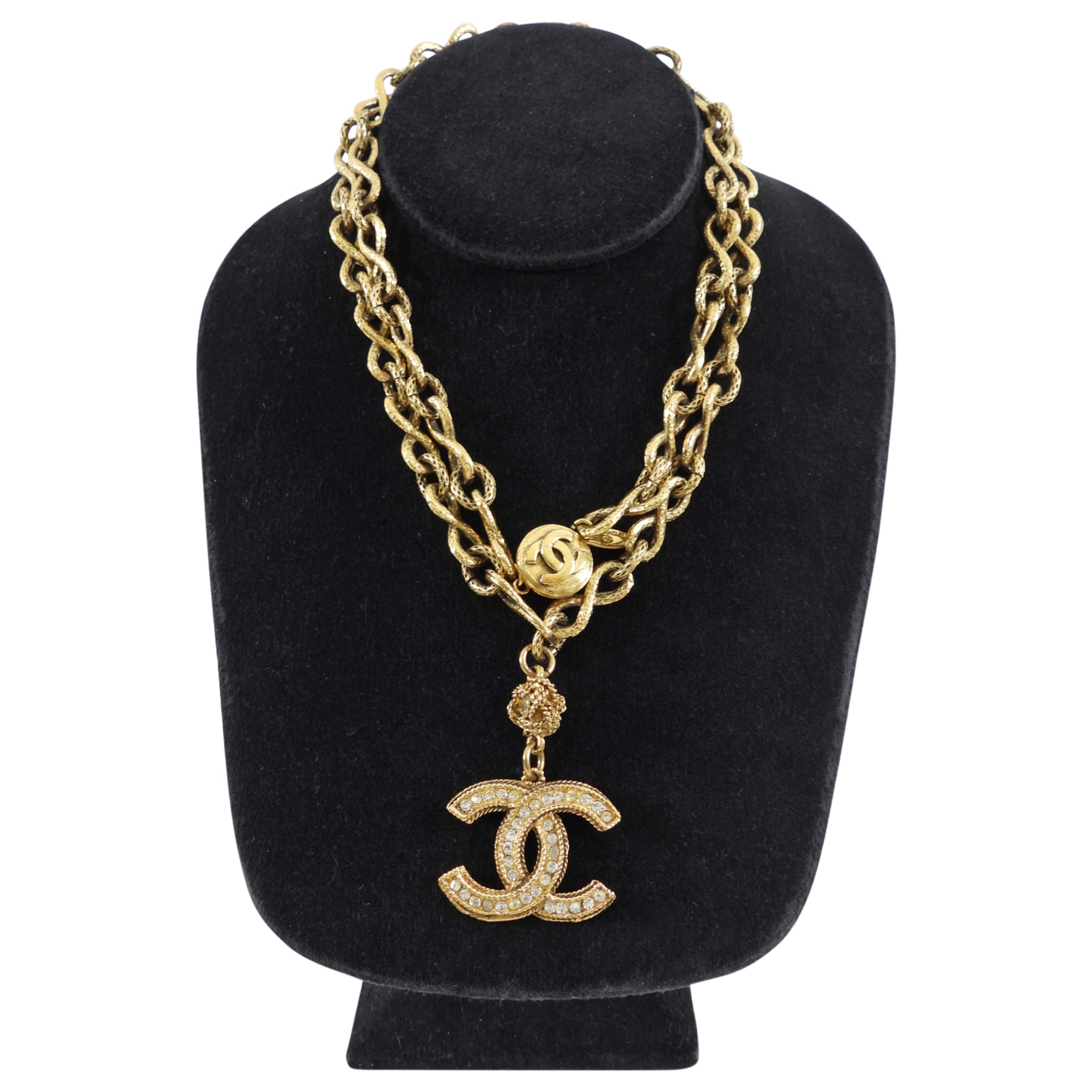Vintage Chanel Crystal CC Logo Long Chain Necklace for Women - Elegant Layered Pendant Jewelry for Party, Wedding & Evening Wear