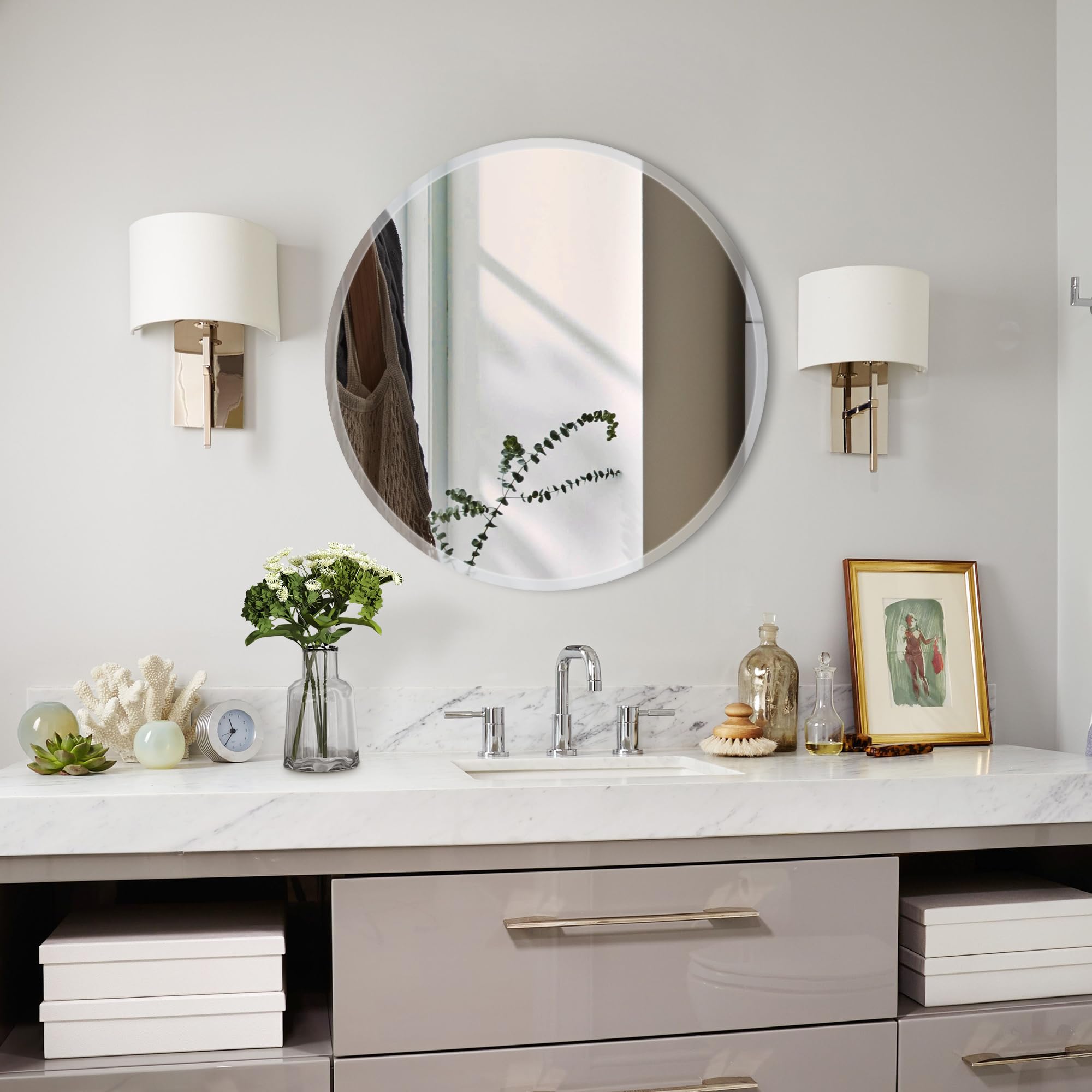Arcus Home 18 Inch Round Beveled Frameless Wall Mirror - Perfect for Bathroom, Bedroom, Living Room, Vanity & Entryway Decor | Modern Home & Office Decoration