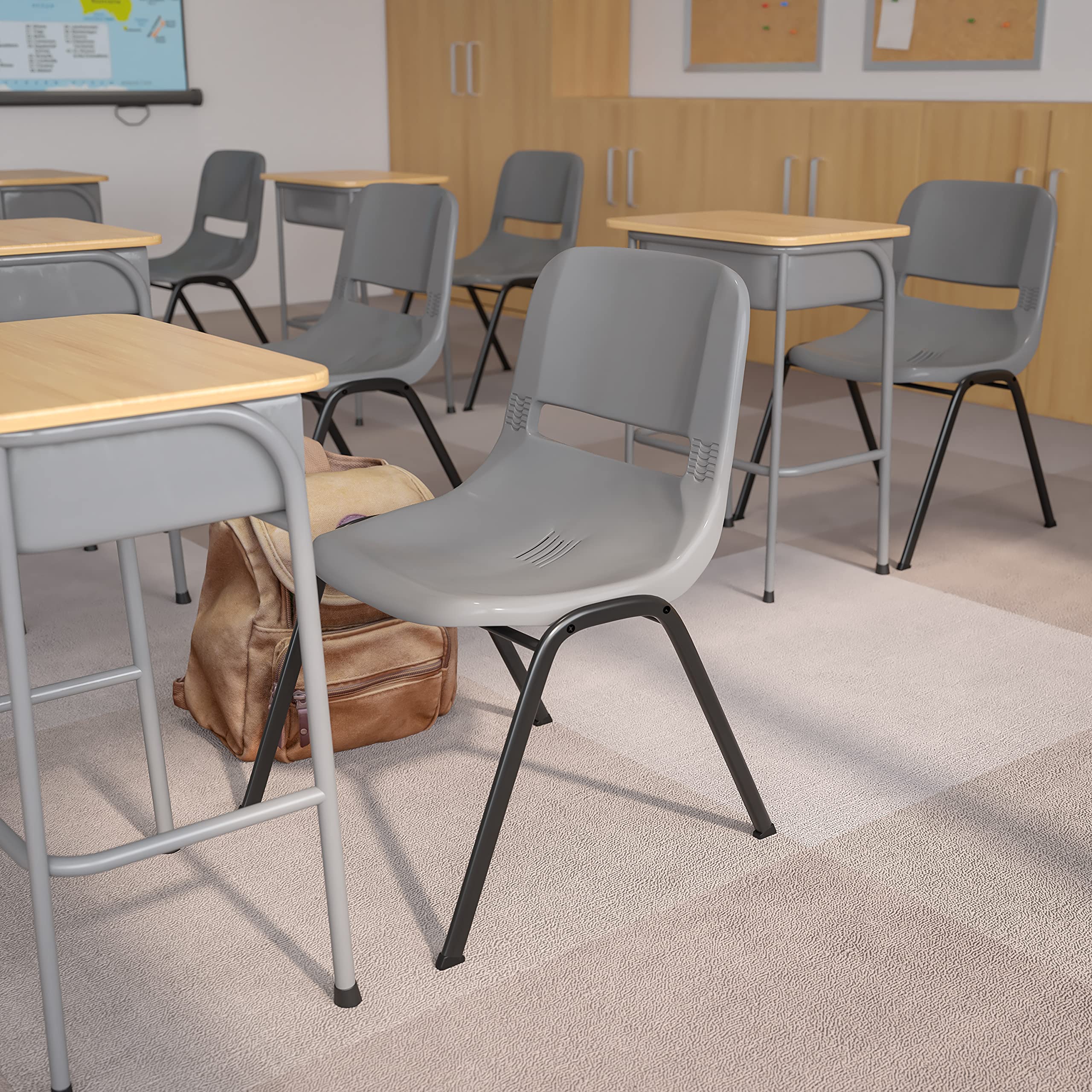 Emma & Oliver Gray Ergonomic Shell Stackable Student Chair - Comfortable Classroom & Office Guest Chair for Schools, Libraries, and Conference Rooms