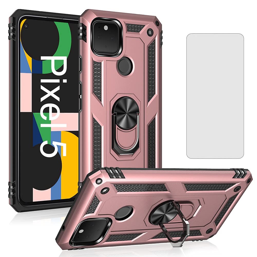 Google Pixel 5 5G Case with Tempered Glass Screen Protector - Shockproof Slim Thin Protective Cover with Ring Kickstand in Pink Rose Gold | Perfect for Everyday Use, Travel & Work Protection