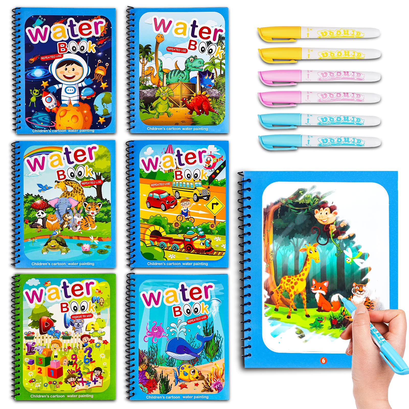 Water Coloring Books for Toddlers 3-5 Years Old | Reusable Water Doodle Painting Activity Books | 6 Pack Travel Toys for Kids | Perfect for Airplane, Car Rides & Quiet Playtime