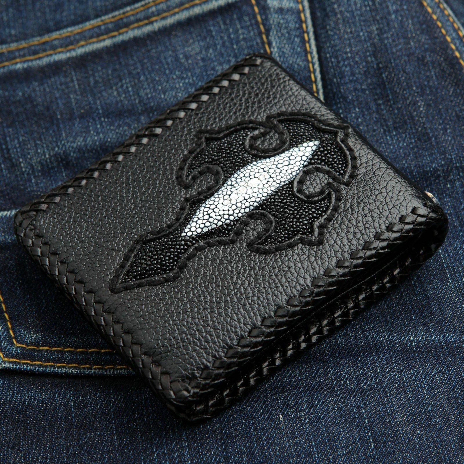 Premium Stingray Leather Black Cross Biker Wallet for Men - RFID Blocking Slim Bifold Wallet - Perfect for Motorcycle Riders & Everyday Carry (ECW)