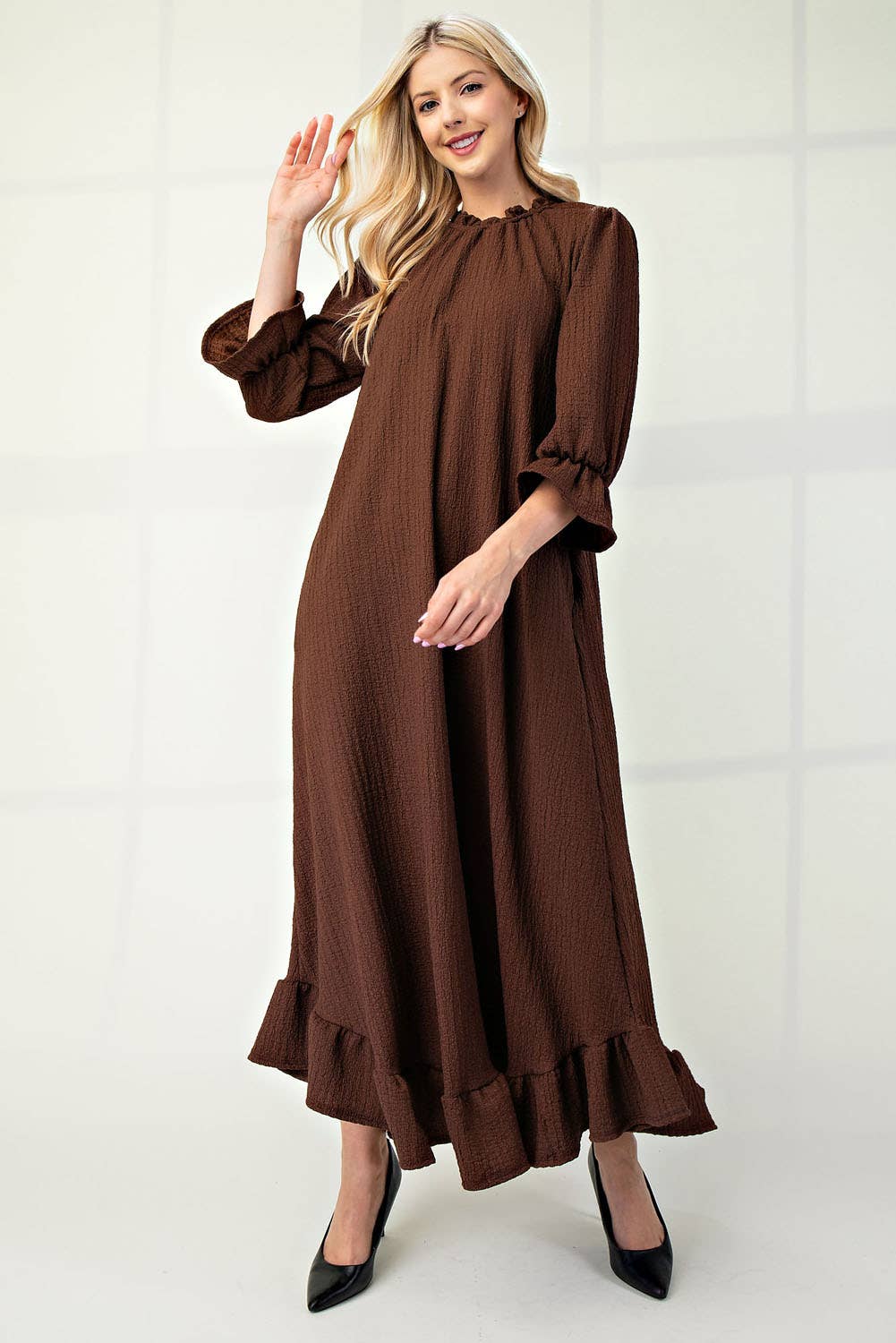 Plus Size Maxi Dress with Puff Sleeves - Brown Flowy Long Dress for Women 1XL | Casual Summer Dress for Beach, Party & Everyday Wear