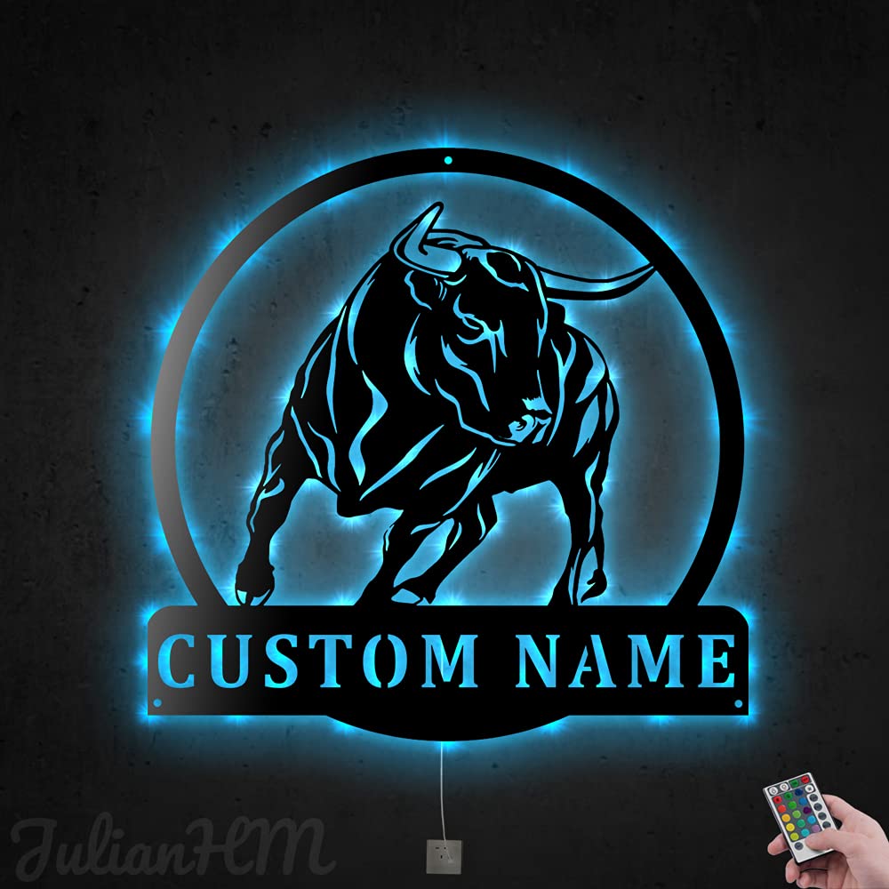 Custom Bull Metal Wall Decor with LED Lights - Personalized Ranch Sign for Home & Bar Decor (24x24 Inches) - Perfect for Western Themed Rooms, Man Caves & Cowboy Gifts